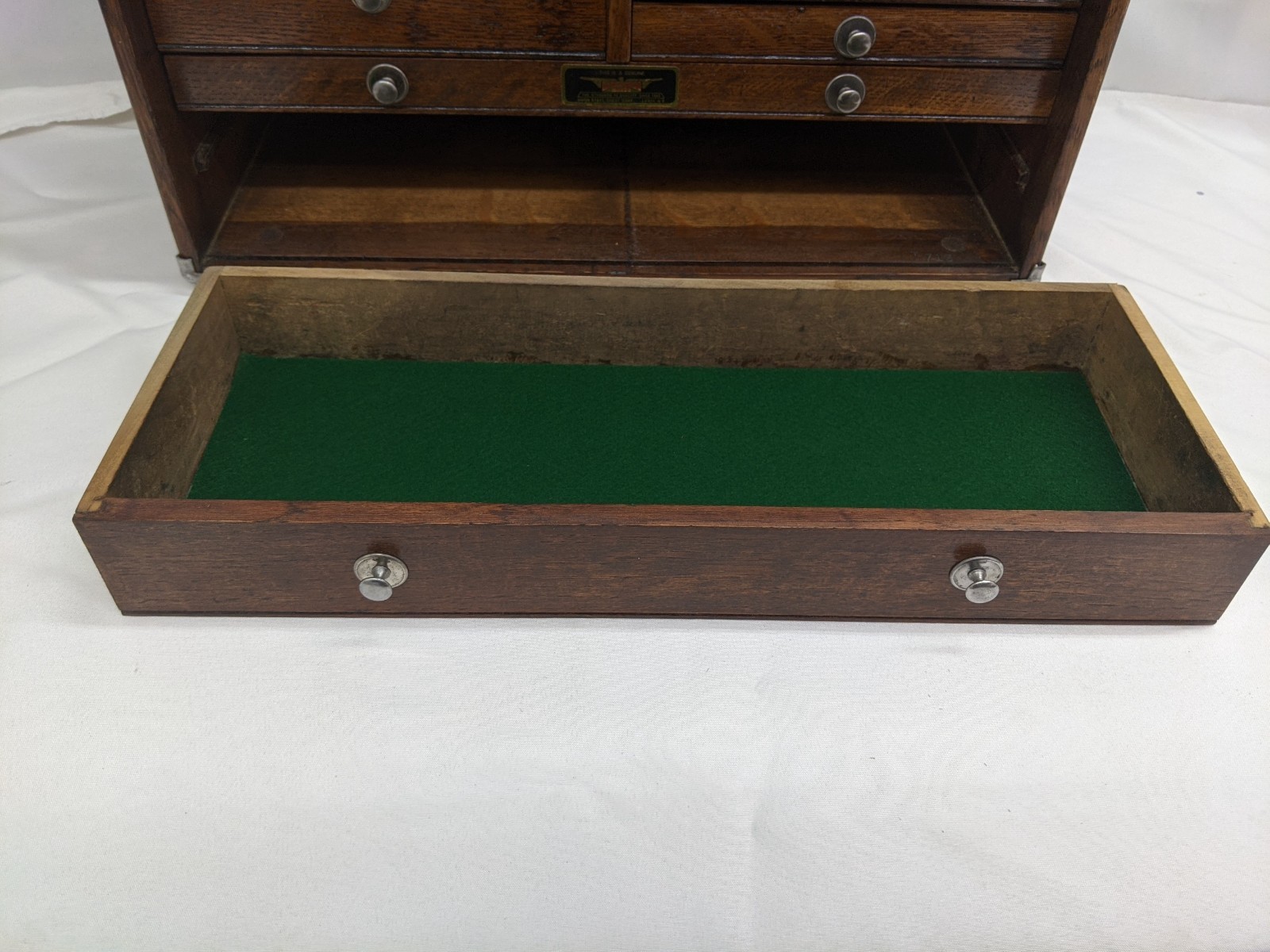 Antique Union Model B-20 7 Drawer Wooden Oak Toolbox Chest With Key