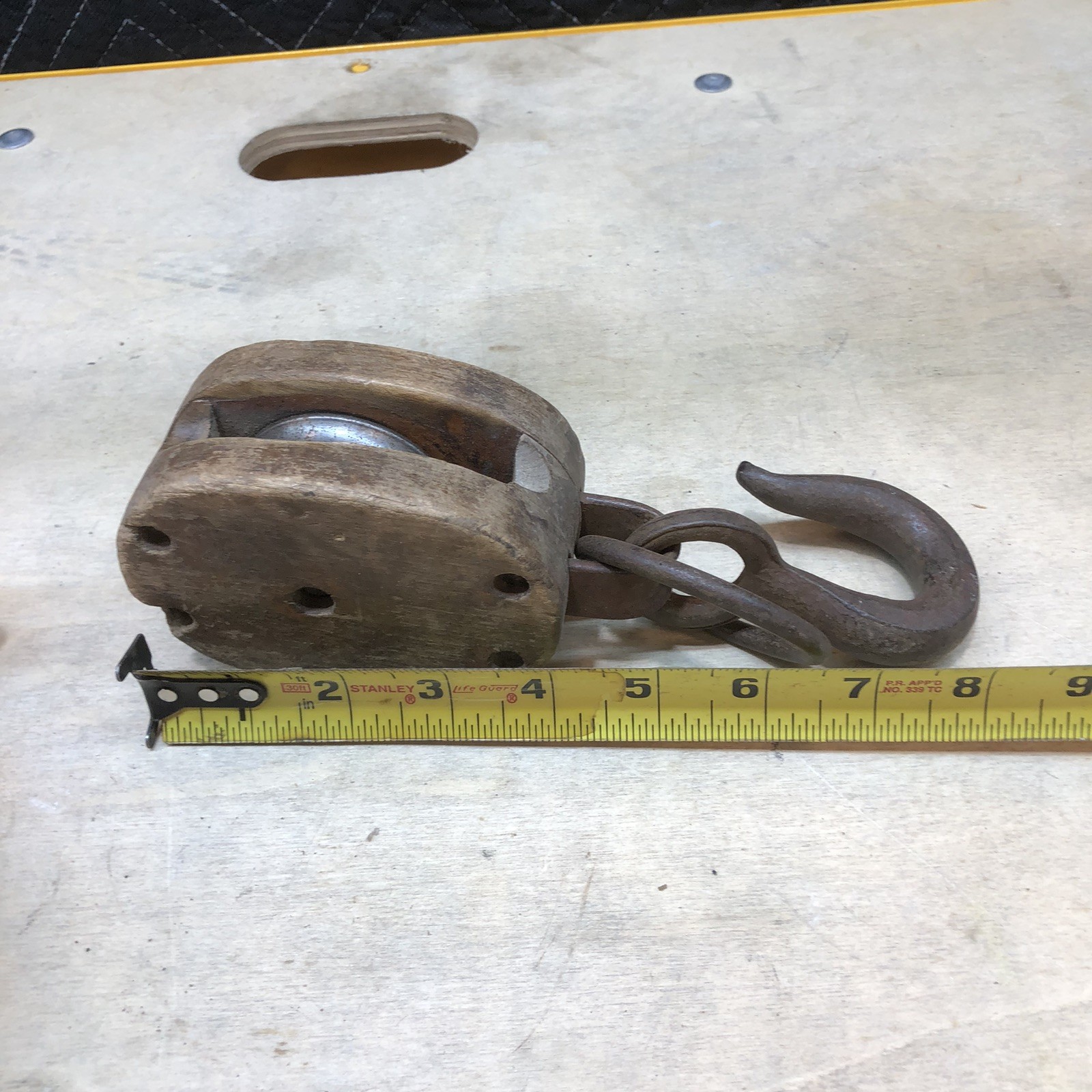 Vintage Wooden Single Pulley Block Tackle Iron Metal Sheave Hook 8” Overall