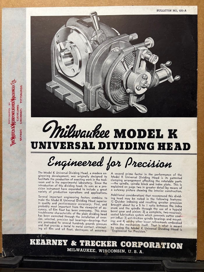 Vtg Kearney & Trecker Brochure 1942 Milwaukee K Dividing Head Machine Tool
