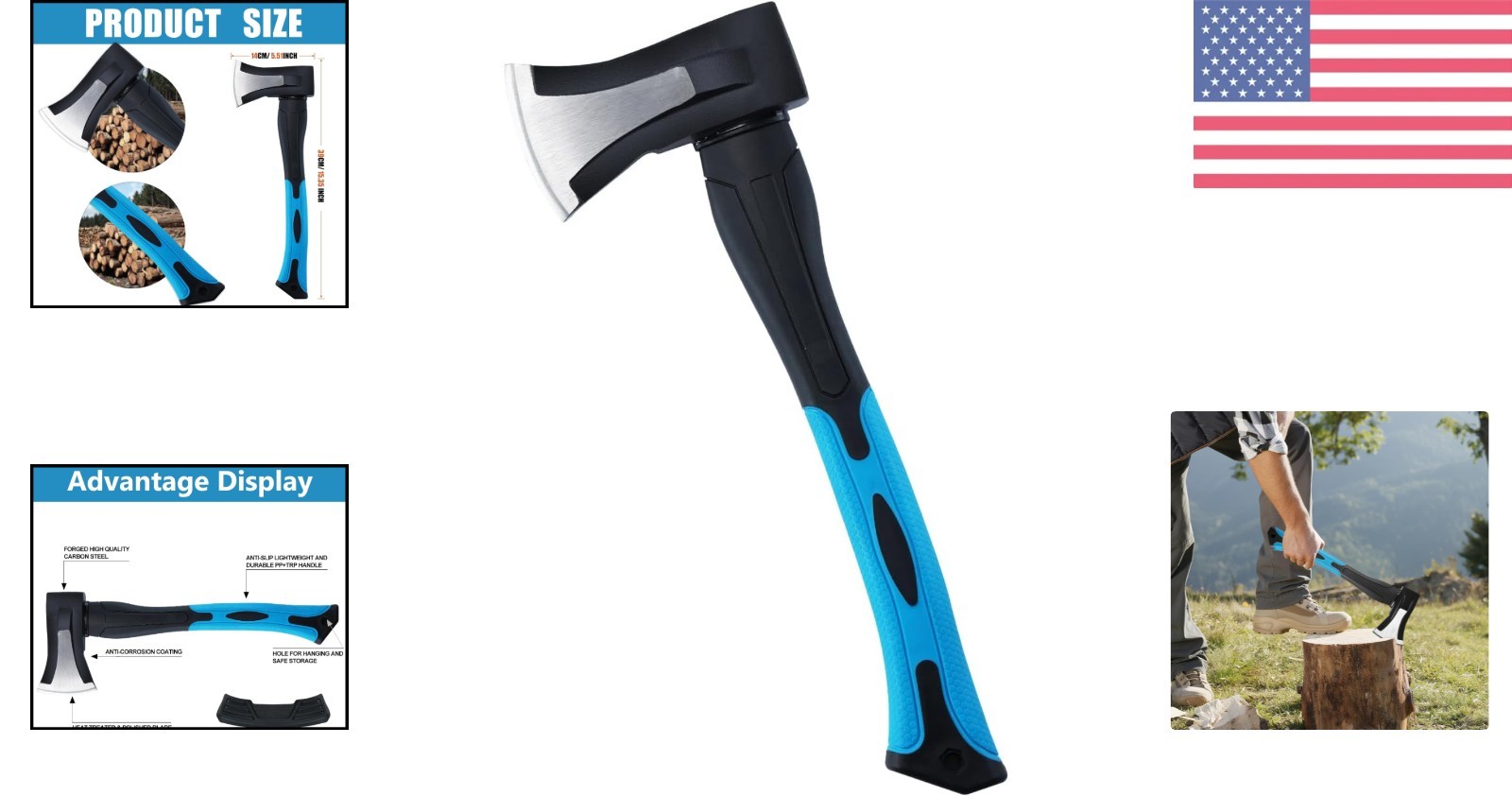 15” Camping Axe – Forged Carbon Steel Splitting Hatchet with Shock-Reducing H…