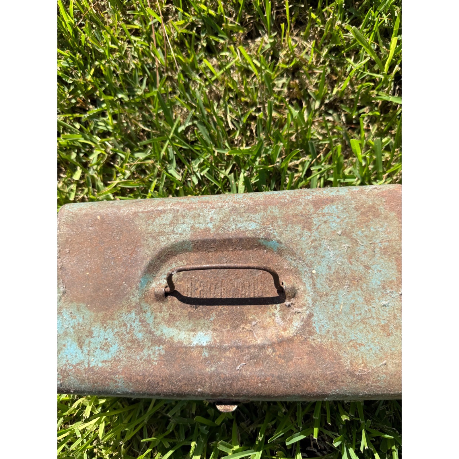 Vintage BernzOmatic Metal Tool Box Blue Industrial Rust Patina Storage Chest