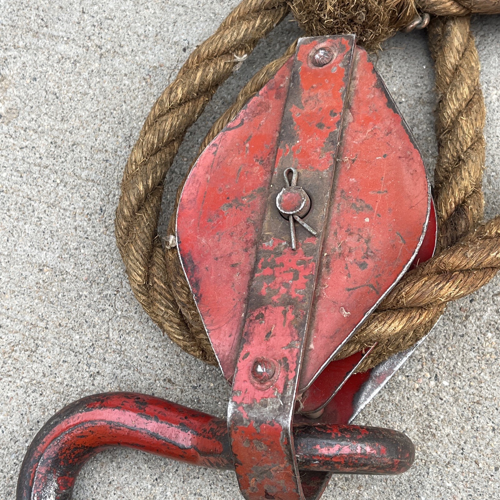 Moline Iron Works Large Pulleys With Heavy Hooks and rope