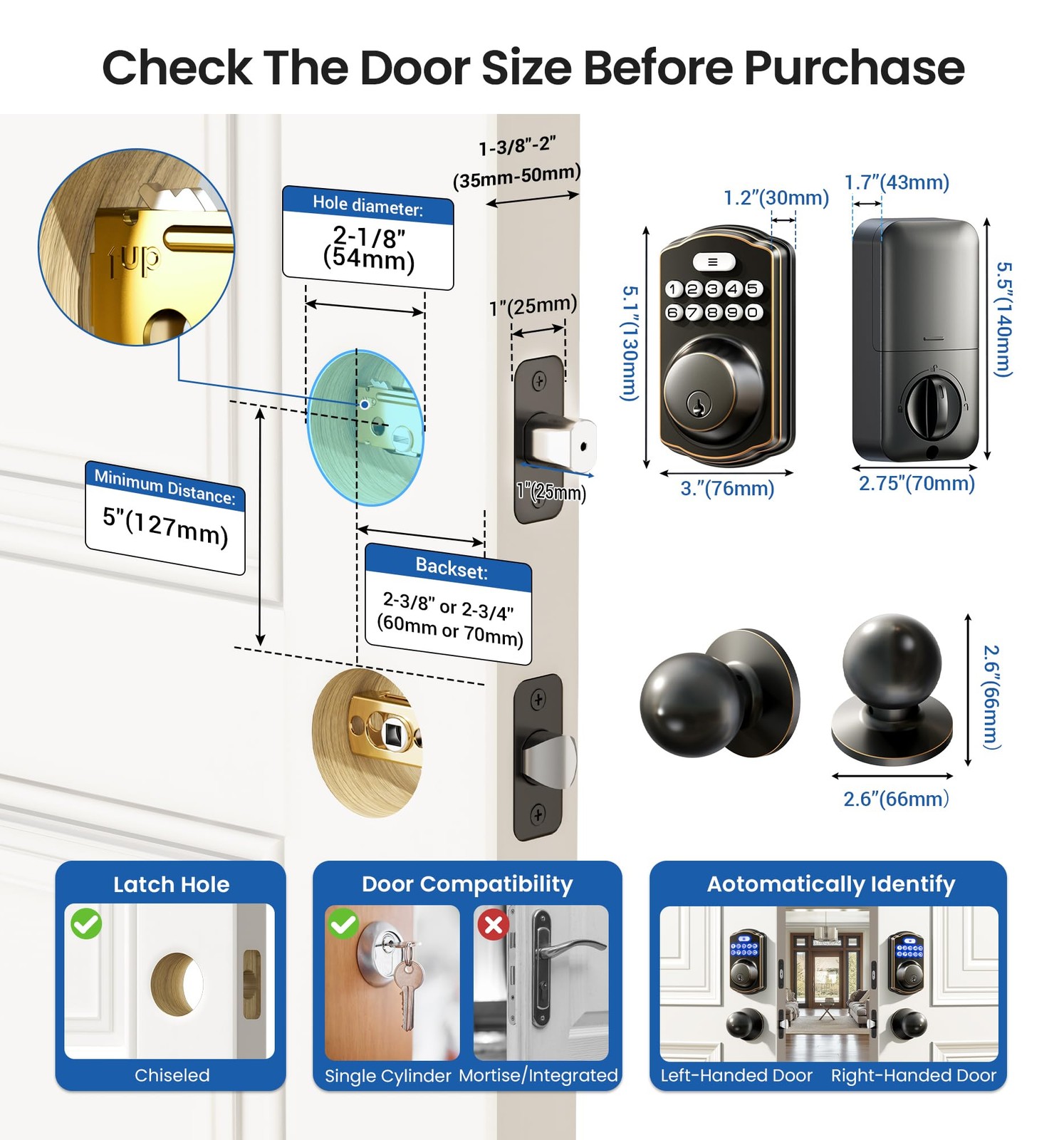Veise Keyless Entry Door Lock with 2 Knobs, Electronic Backlit Oil Rubbed
