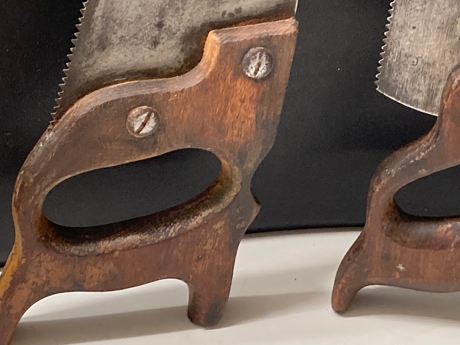 2 Vintage Hand Saws Wood Handles 12″ & 15″ Blades Cross Cutting Makers Mark on 1