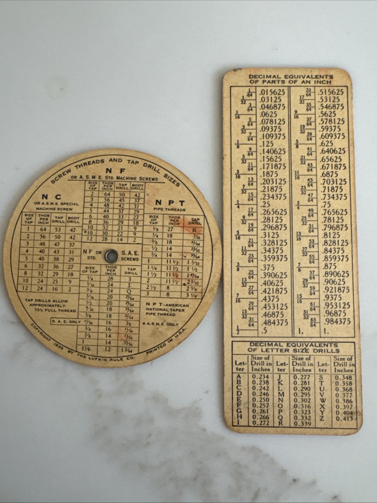 Vintage 1935 Lufkin Tools Wheel Chart Calculator Screw Threads Tap Drill Sizes