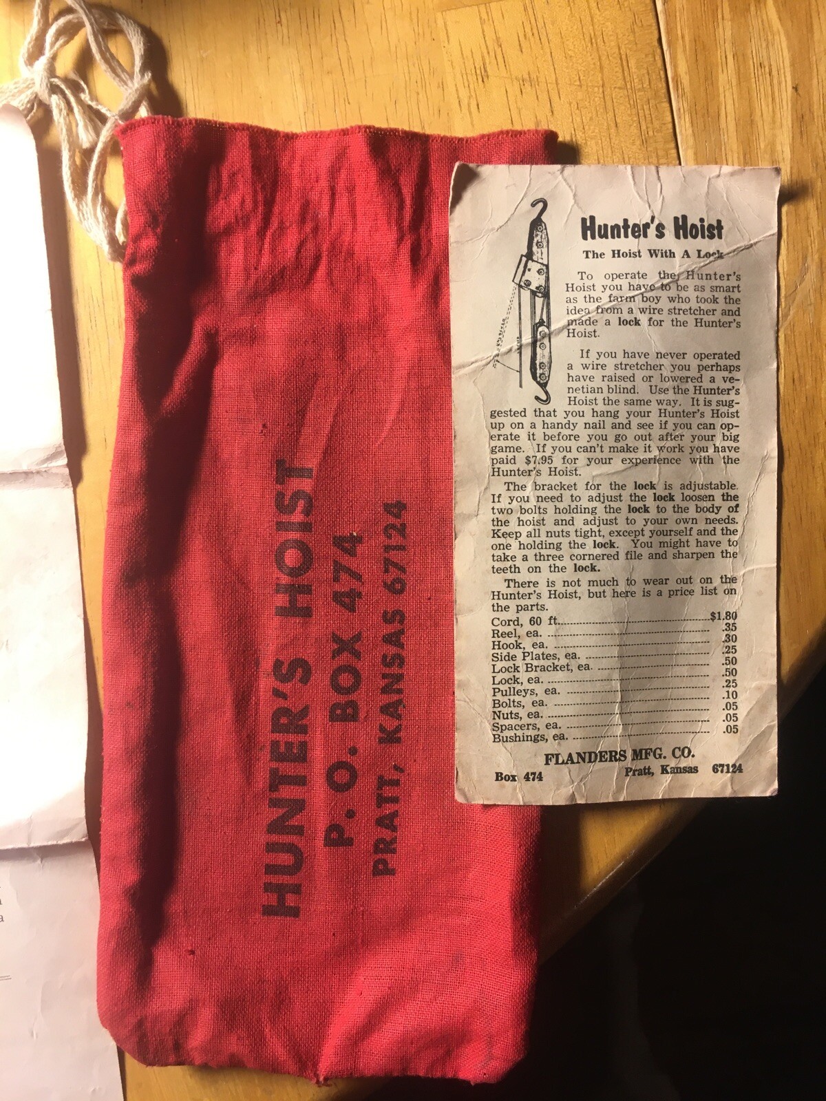 Vintage Hunter’s Hoist flanders mfg co Owners Manual Draw String Bag Red