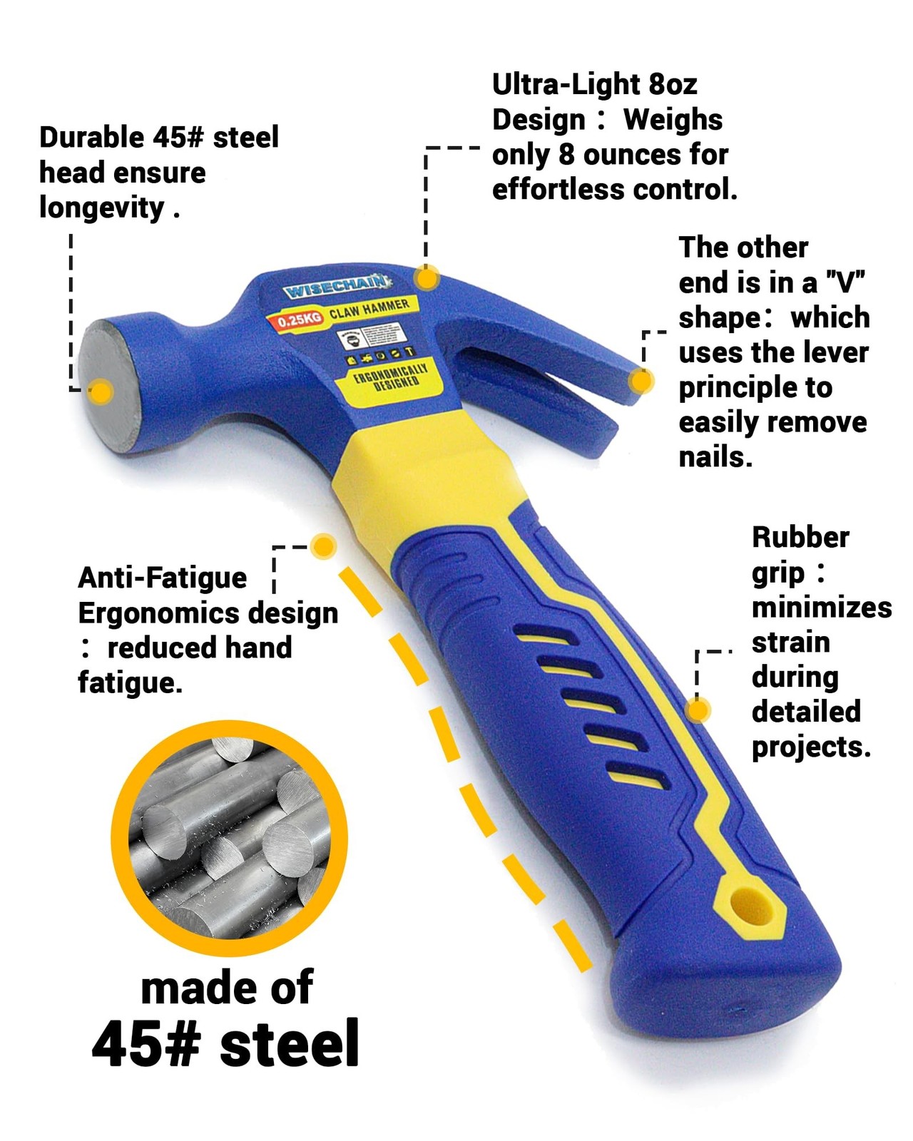 8 oz Professional Mini Small Claw Hammer 45# Steel With Fiberglass Handle–