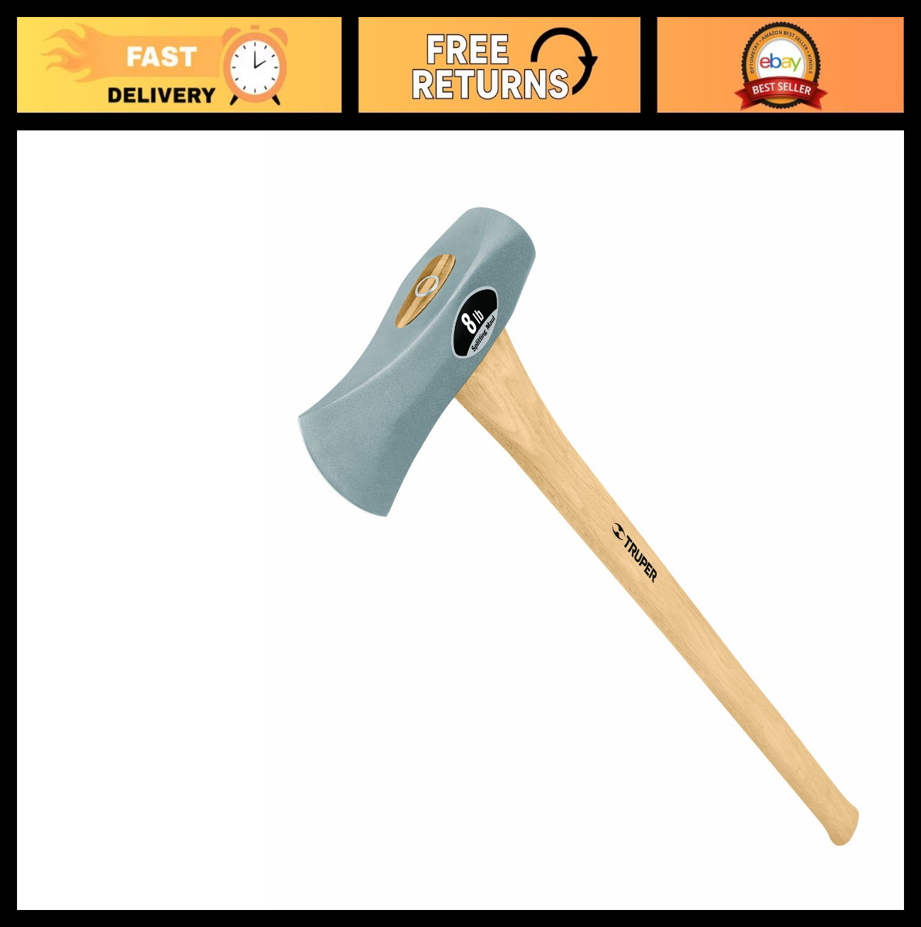 8 lb 34″ Splitting Maul Axe with Hickory Handle – Heavy Duty Wood Splitter Tool