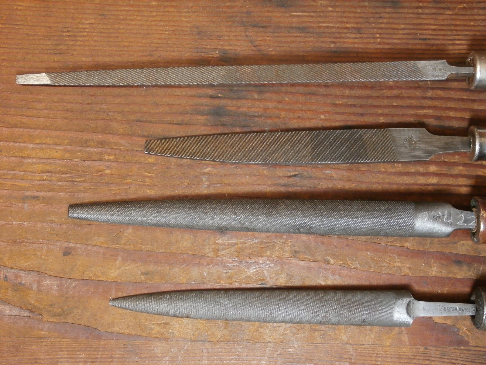Vintage Lot Of 4 Files W/Handles “BAITER SWISS” HASE; ZENITH; GOLD MEDAL