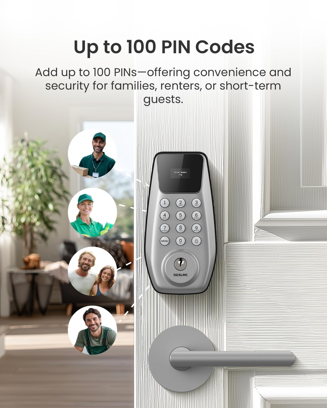 DESLOC C100 Keypad Door Lock Keyless Entry Smart Deadbolt Silver 100 Codes
