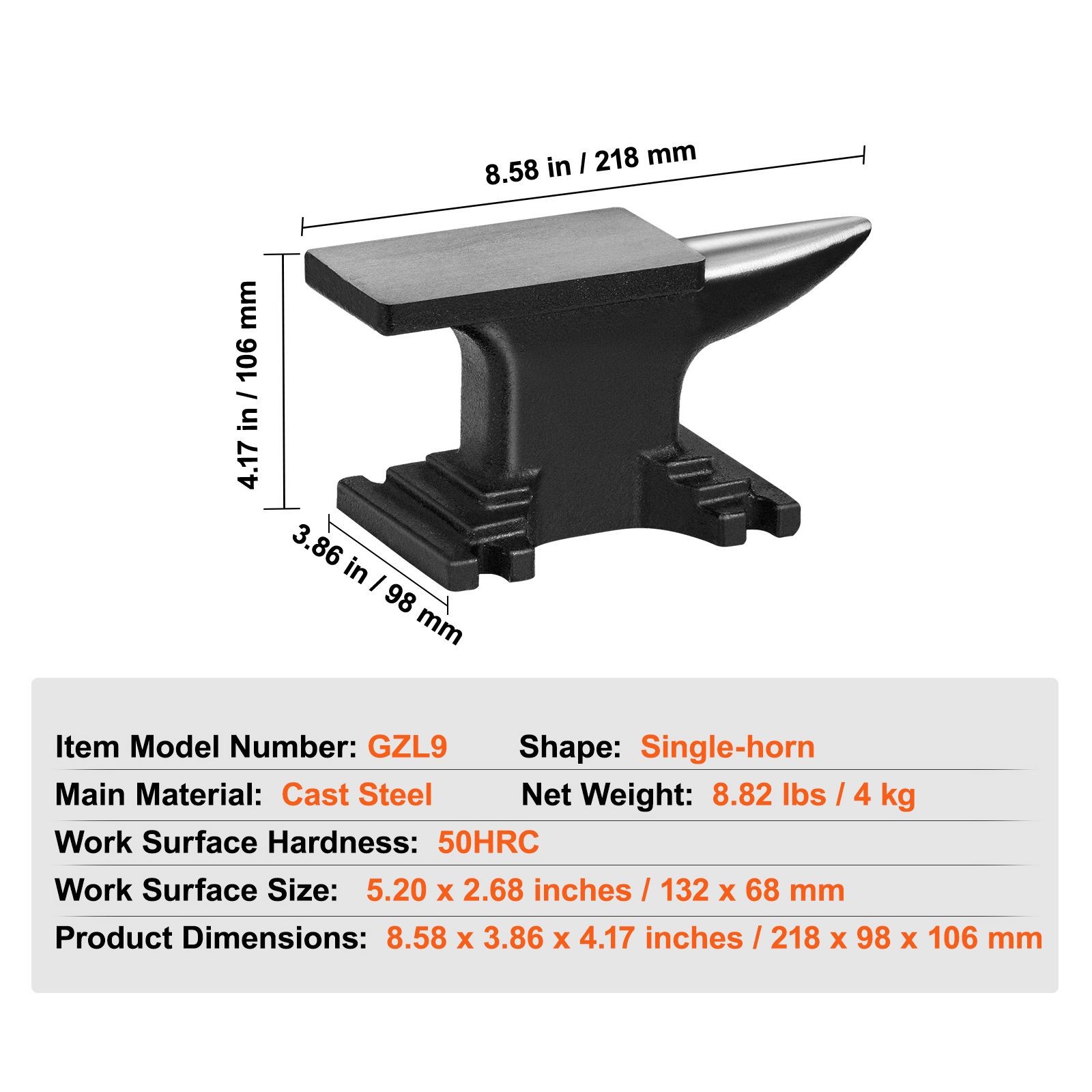 8.8lb Cast Steel Anvil 5.2×2.68in Round Horn Forge Tool
