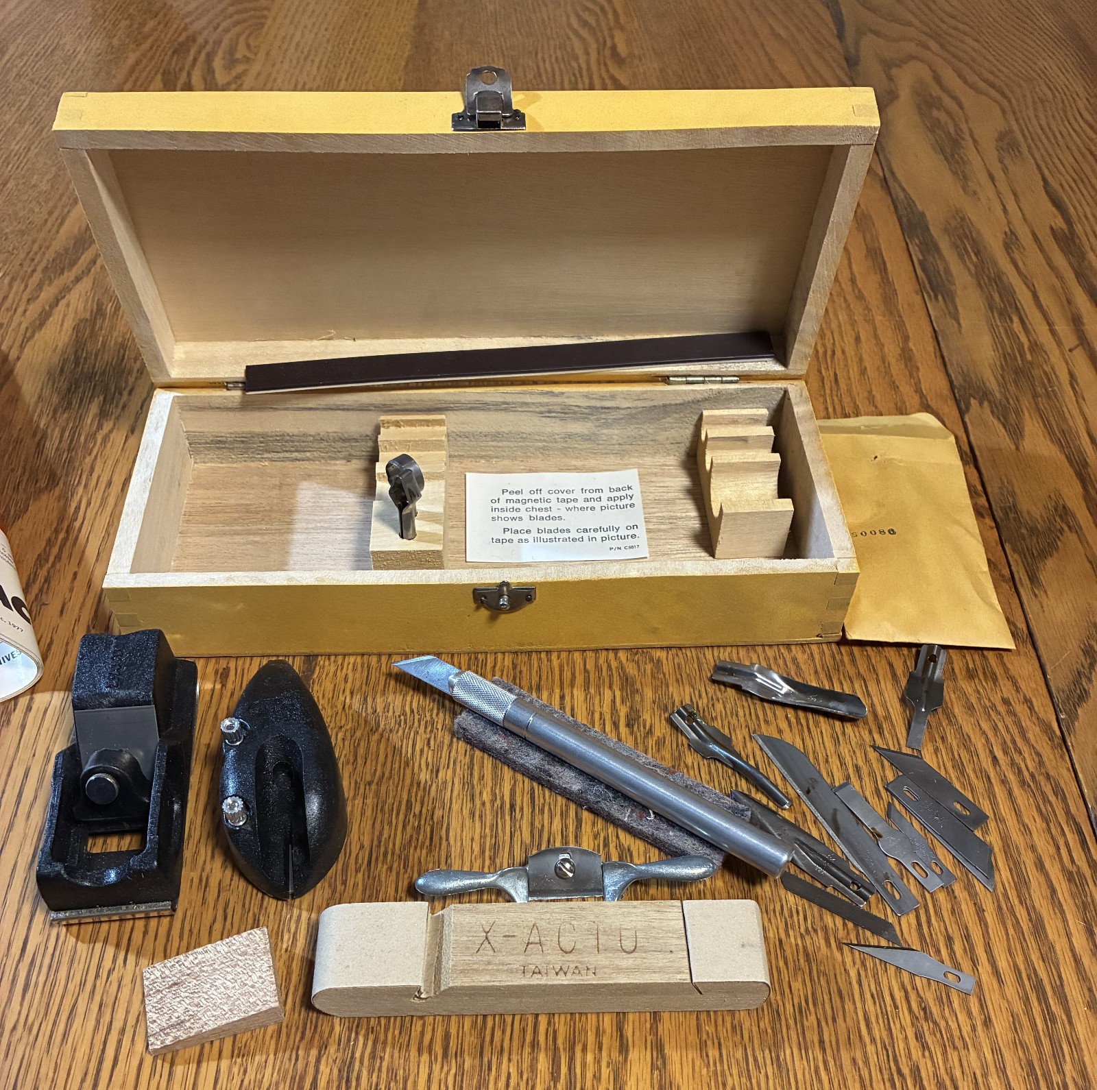 Xacto Tool Set in Dovetail Wood Box, Plane, Spoke Shave, Knife, Multiple Blades