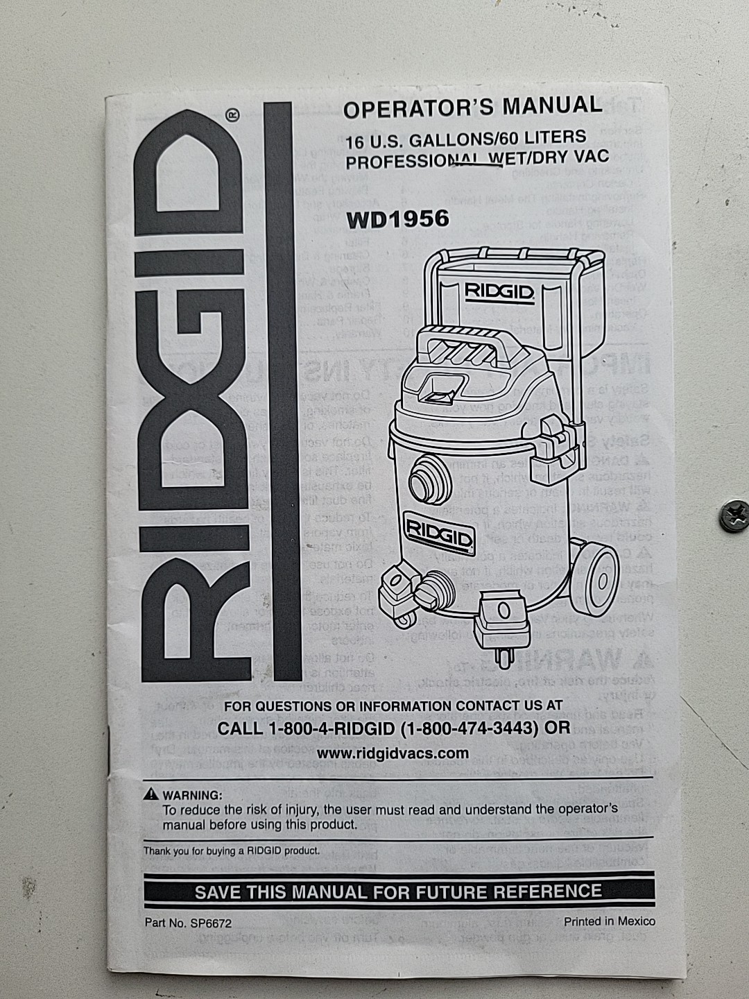 Rigid 12 Gal Wet Dry Vac WD1956 Instruction Safety Manual Free Shipping