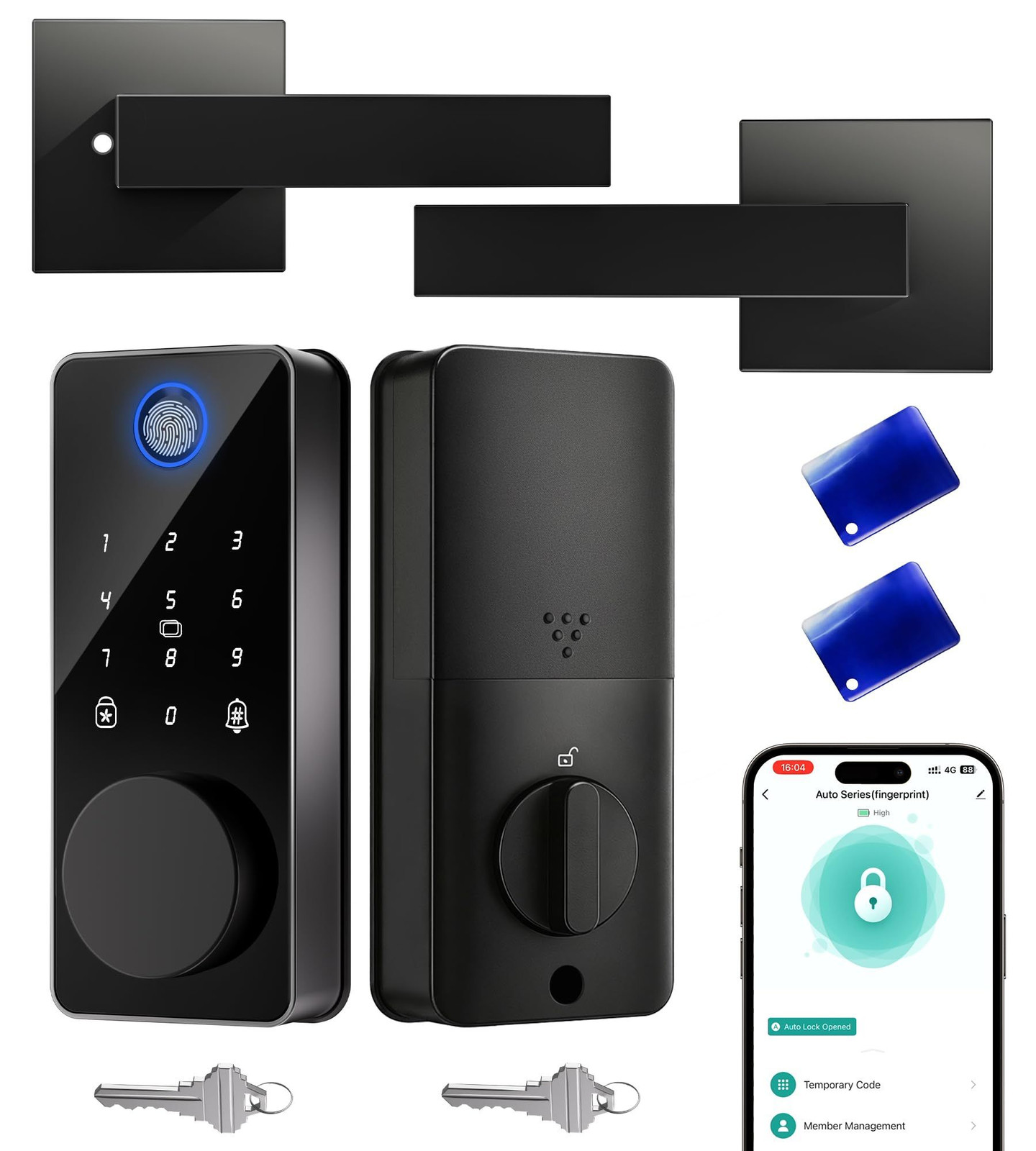 Fingerprint Keyless Entry Door Lock with 2 Handle Set, Smart Glossy Black