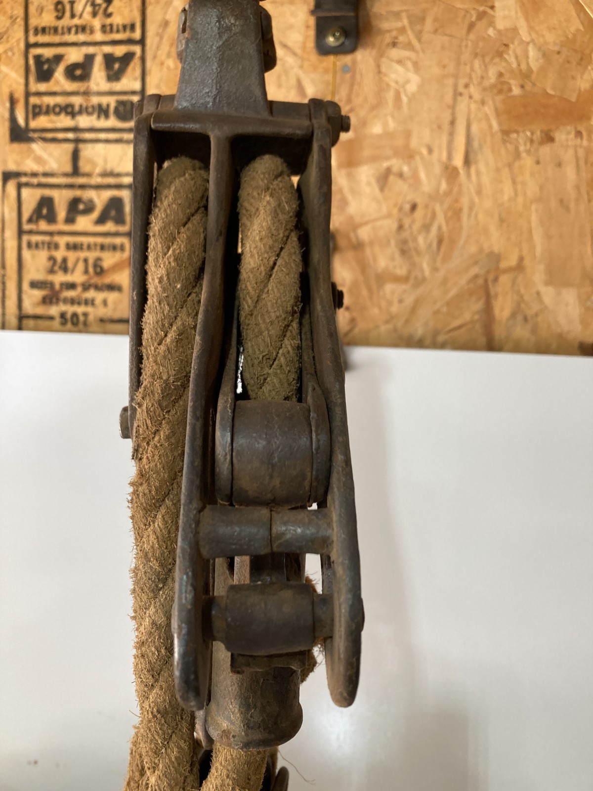 Antique Cast Iron Block & Tackle Double Pulley Set w/ Rope, & Working Rope Lock
