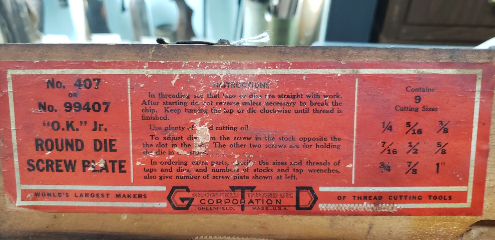 Greenfield Tap & Die Screw Plate Set #407 / #99407 in Original Box GS00090