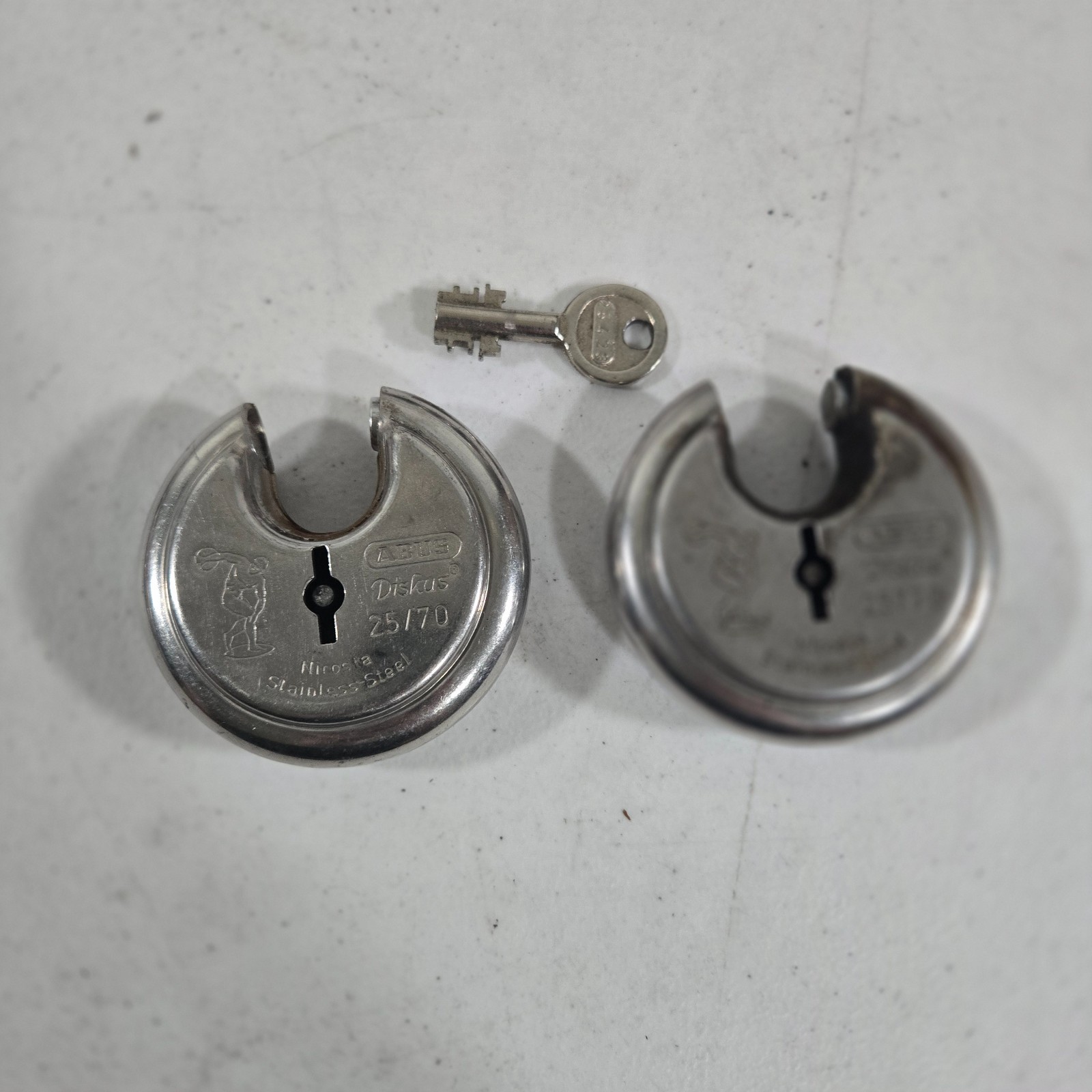 Lot of 2 ABUS Diskus 25/70 Stainless Steel Padlocks Keyed Alike w/ 1 Key