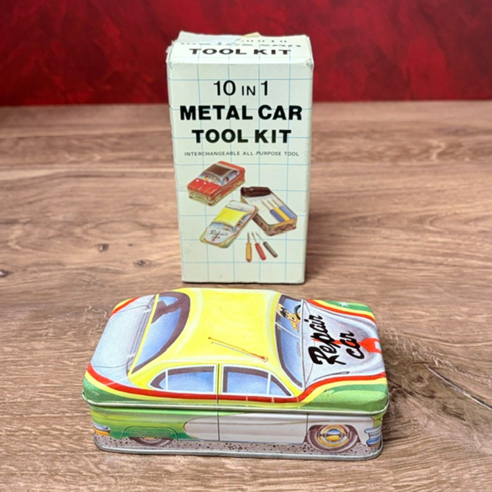 Vintage 10 in 1 Metal Car Tool Kit Hong Kong Tin Box Missing 1 Driver AS IS