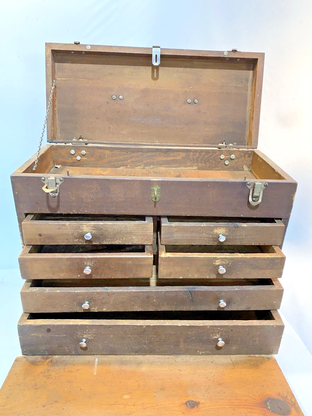 NICE! VINTAGE WOOD MACHINIST TOOL CHEST 6 DRAWER BOX 20X14X9 ANTIQUE OAK BOX