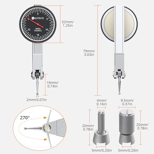 0-0.03″/0.0005″ Dial Test Indicator with Mini-132lbs/60kg Tensile Force Black