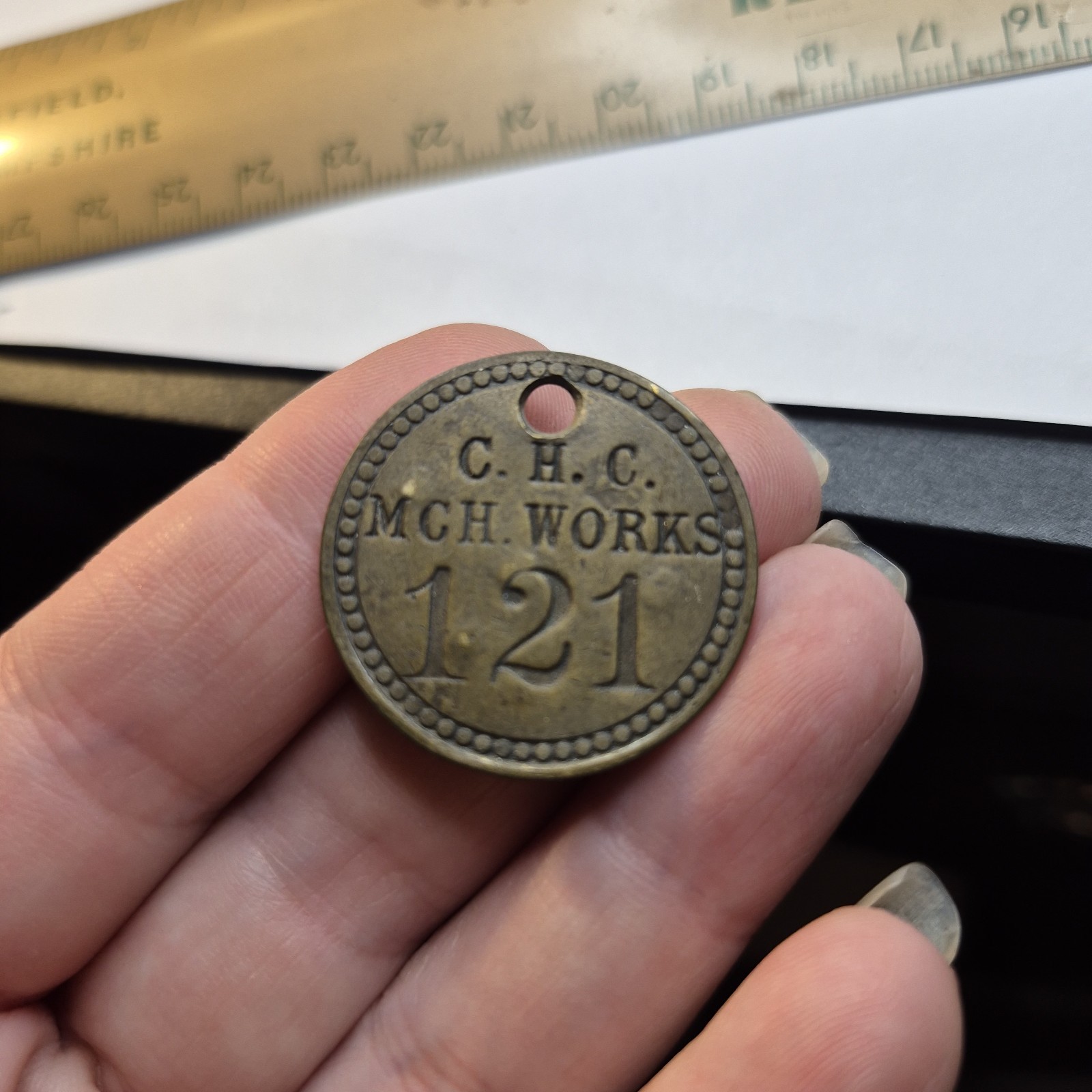 Vintage Lot 9 Tool Check Tags #121 Brass C.H.C. MCH. WORKS & Aluminum Industrial