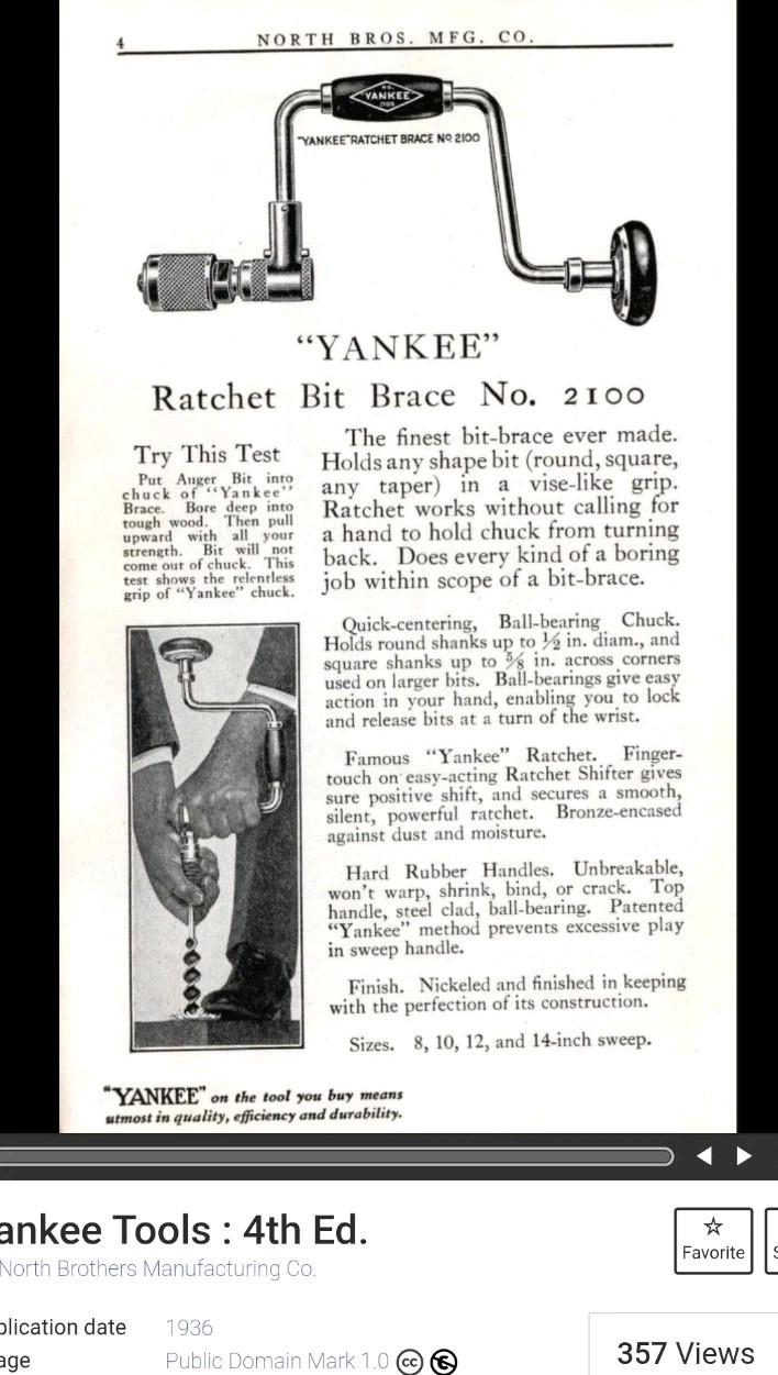 Vintage YANKEE Bit Brace Hand Drill NORTH BROTHERS No. 2100 – 12″ ORIGINAL DECAL