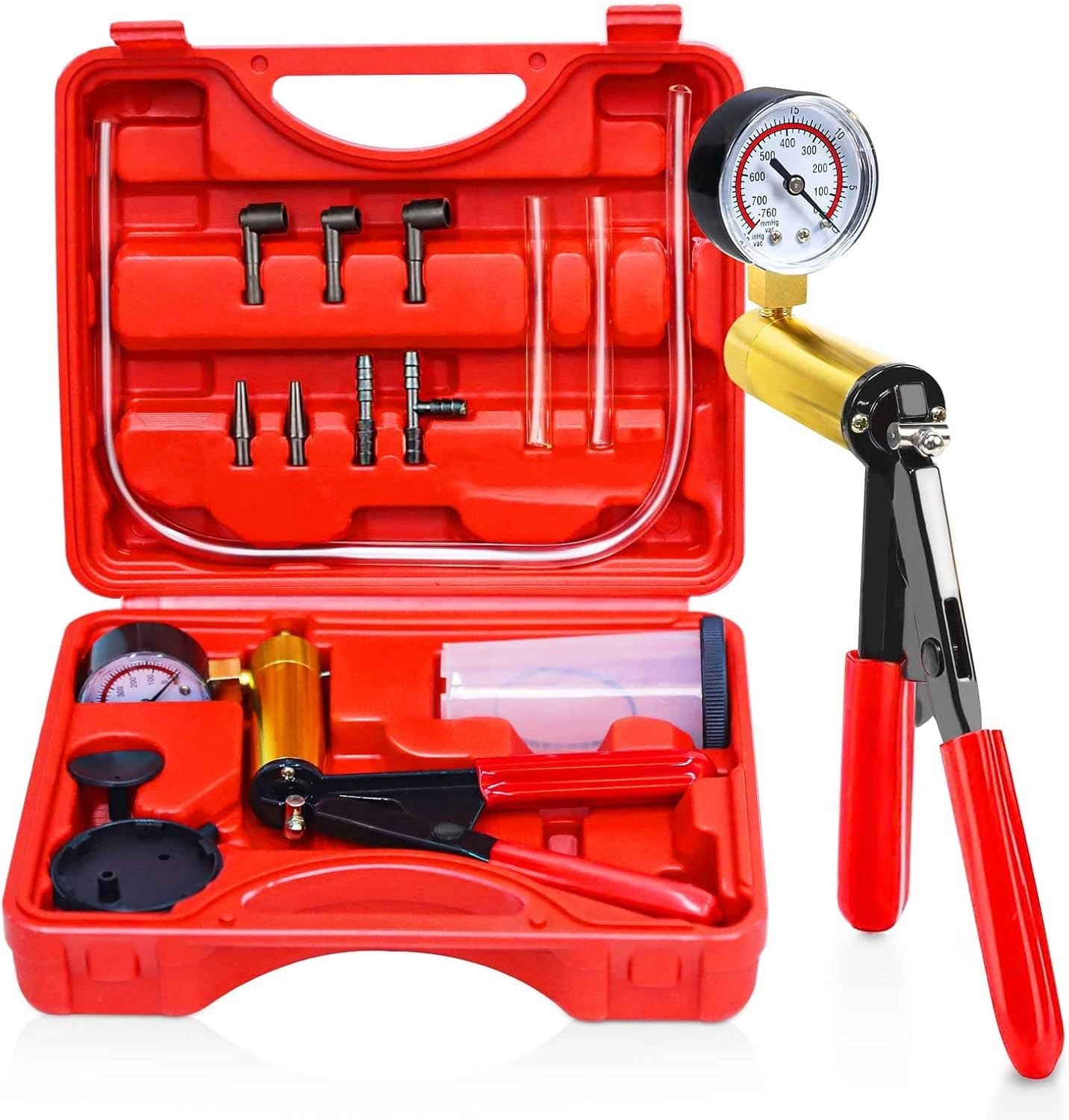 Hand Held Vacuum Pump Tester Set Vacuum Gauge and Brake Bleeder Kit for red
