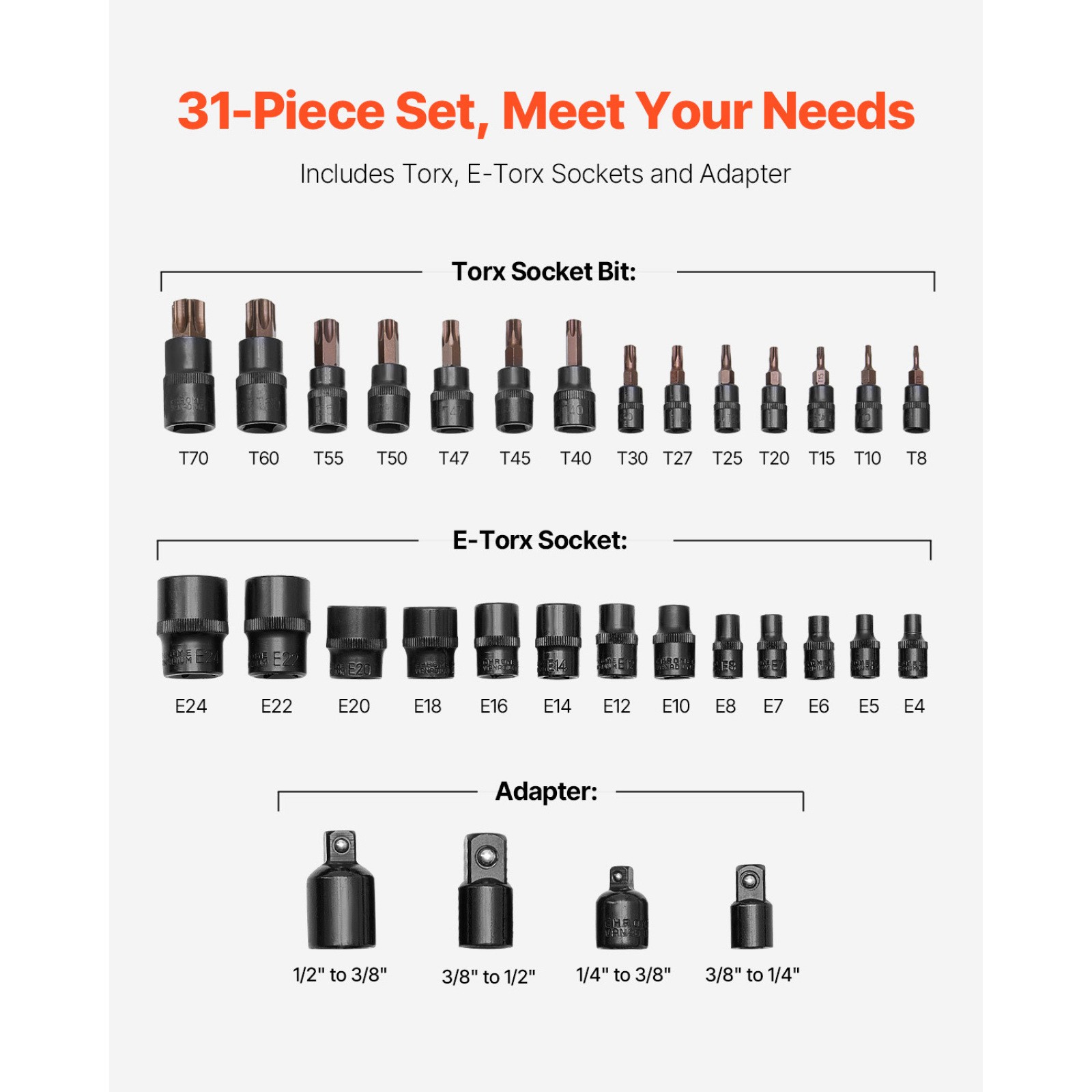 31-Piece Torx Bit Socket Set T8-T70 E4-E24 1/4 3/8 1/2 in Drive