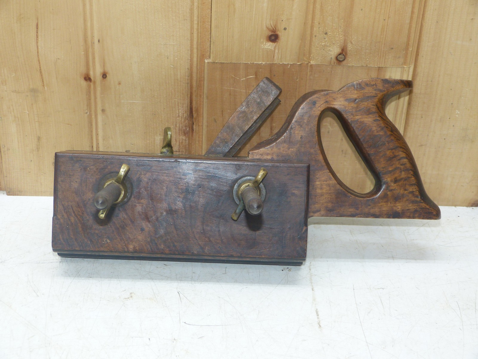 Unusual Vintage Spanish Olive Wood & Brass 12½” Screw Arm Wooden Plow Plane INV