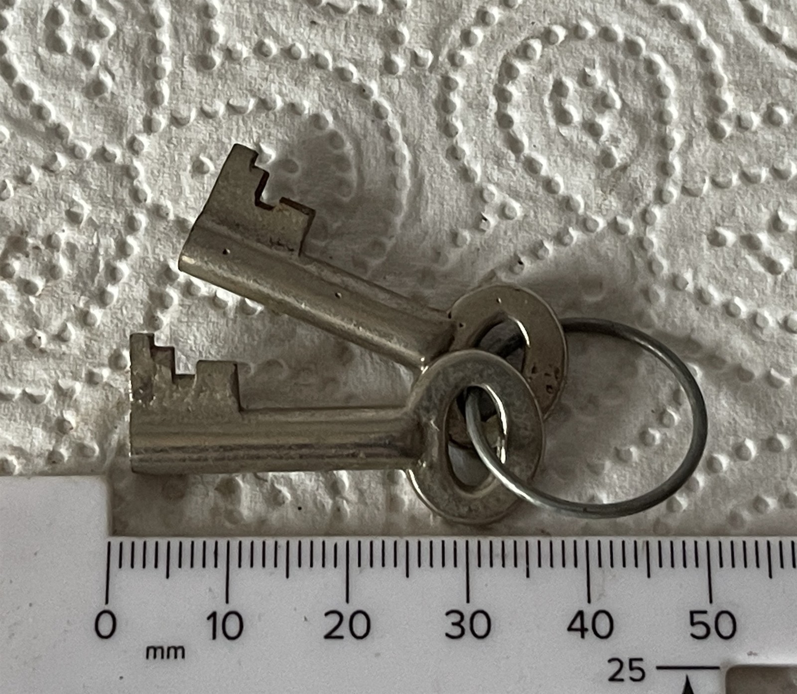 2 Vintage Identical ~3.5cm Lomg Keys on Split Metal Ring #pE171