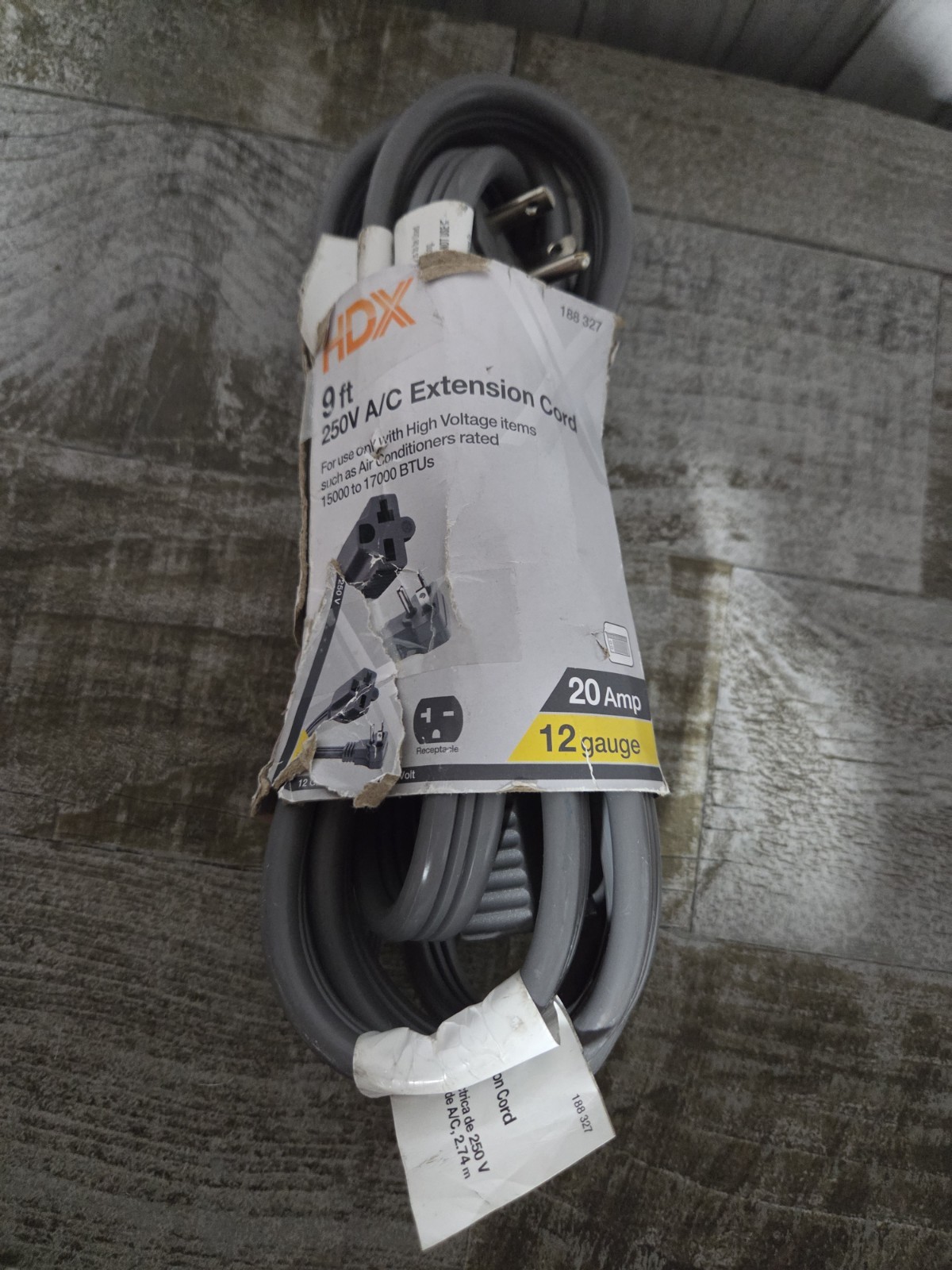 HDX 9 ft. 12/3 20 Amp 250-Volt Air Conditioner Extension Cord, Grey