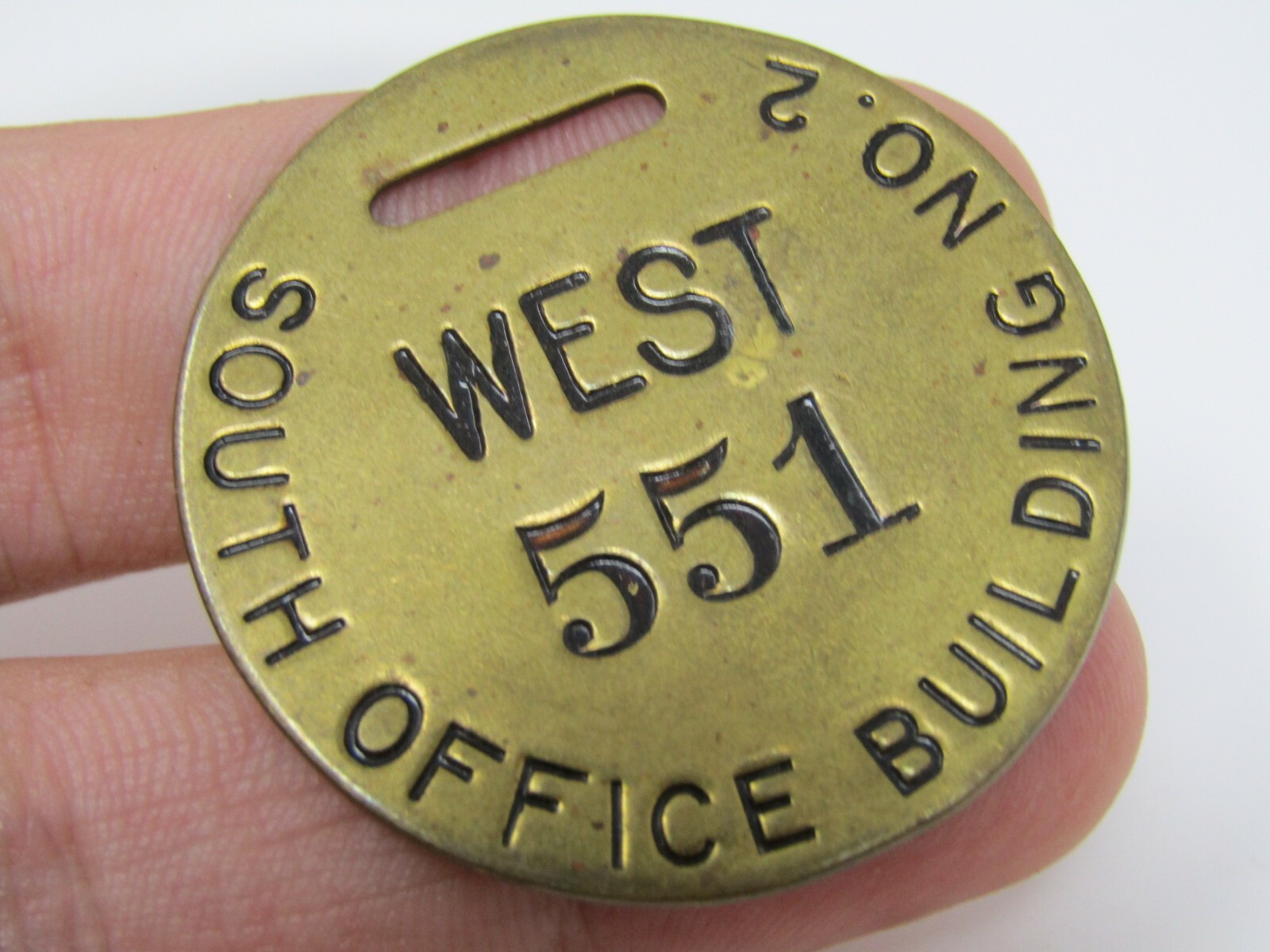 Vintage Brass Tag South Office Building No. 2 West 551 Key Fob Check Token