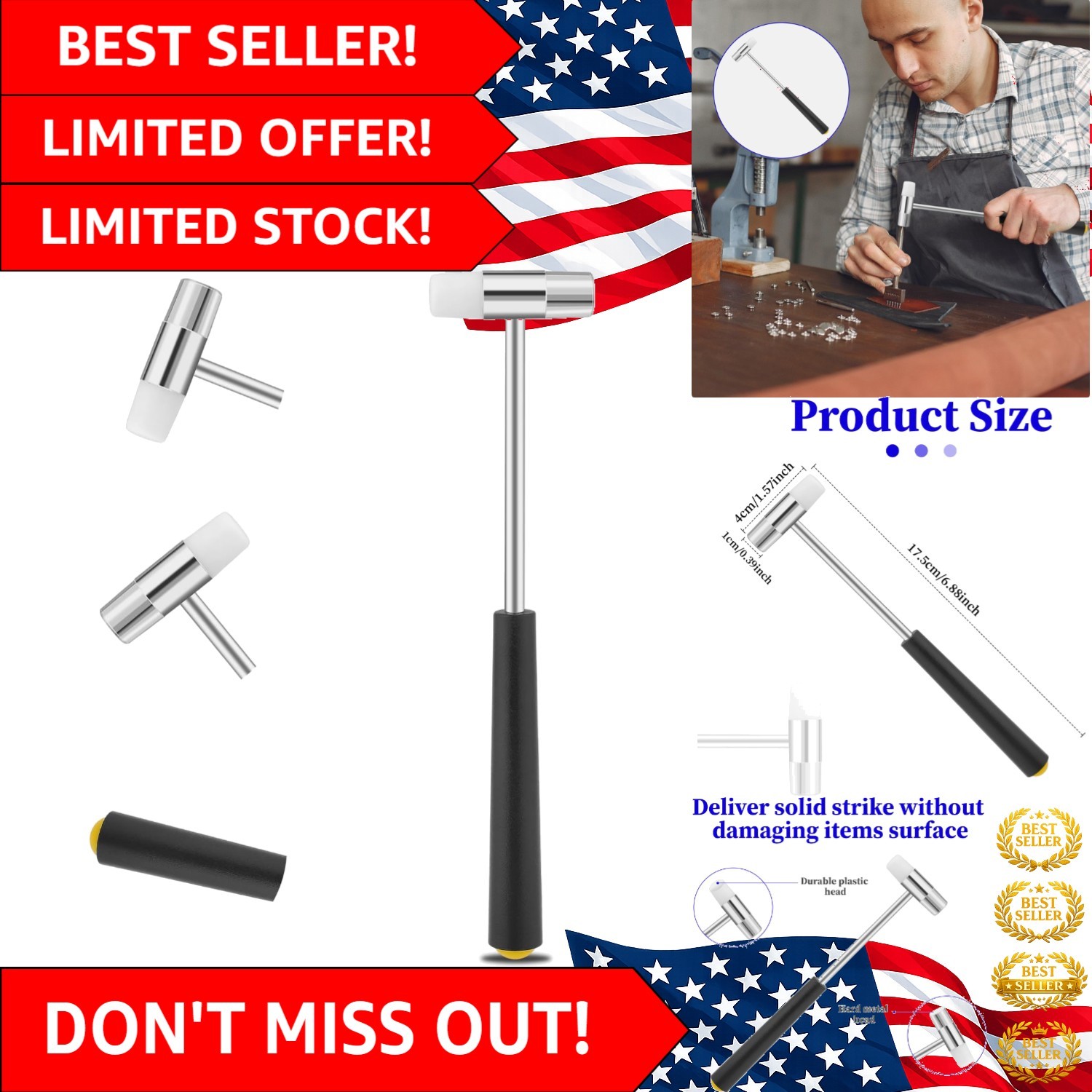 6.88 Inch Craft Hammer with Iron & Plastic Head – Precision for Delicate Work