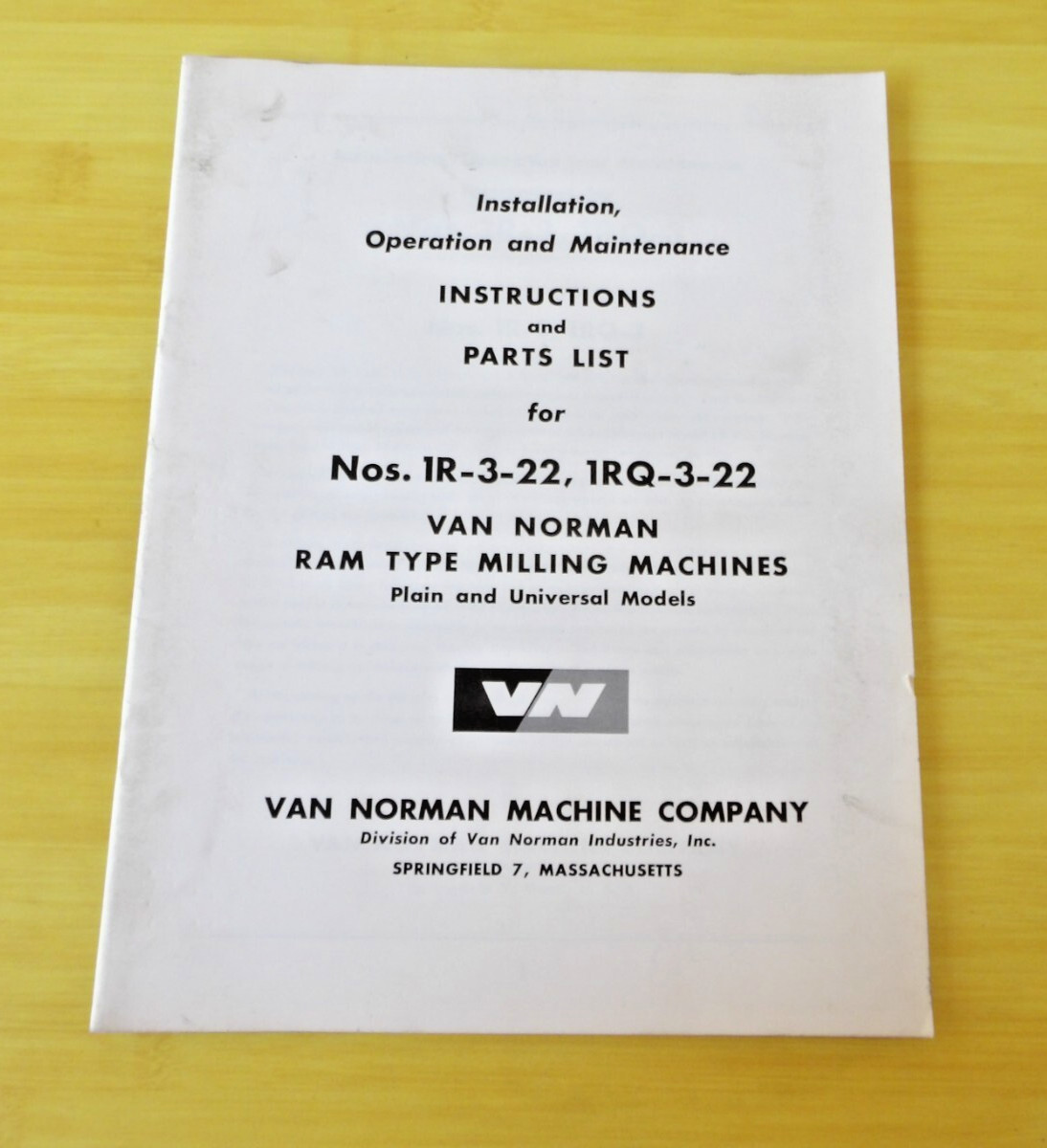Vtg 1960 Van Norman Milling Machine 1R & 1RQ 3-22 Instruction & Part Manual 26pg