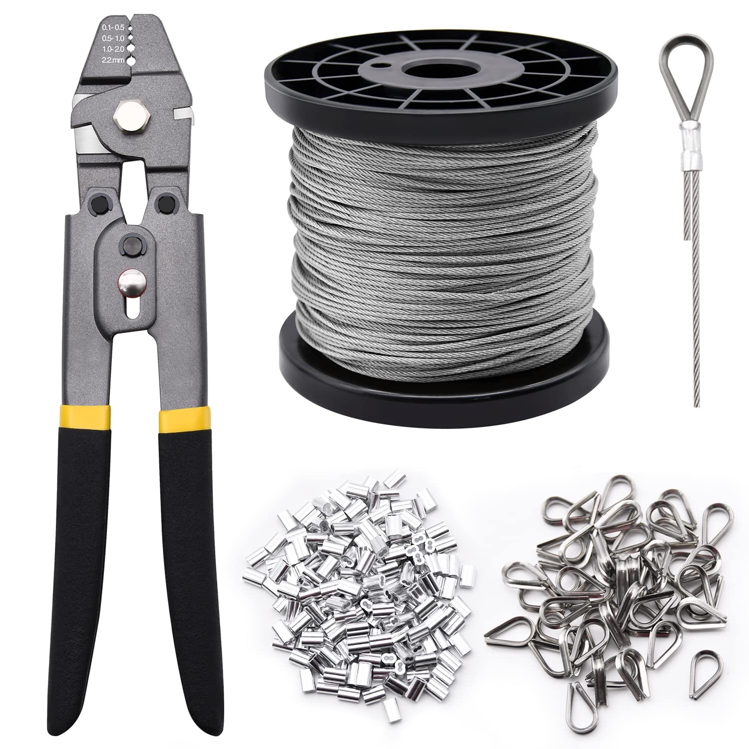 328ft Wire Rope Crimping Tool Kit, 1/16″ Stainless Steel 328ft, Grey,black