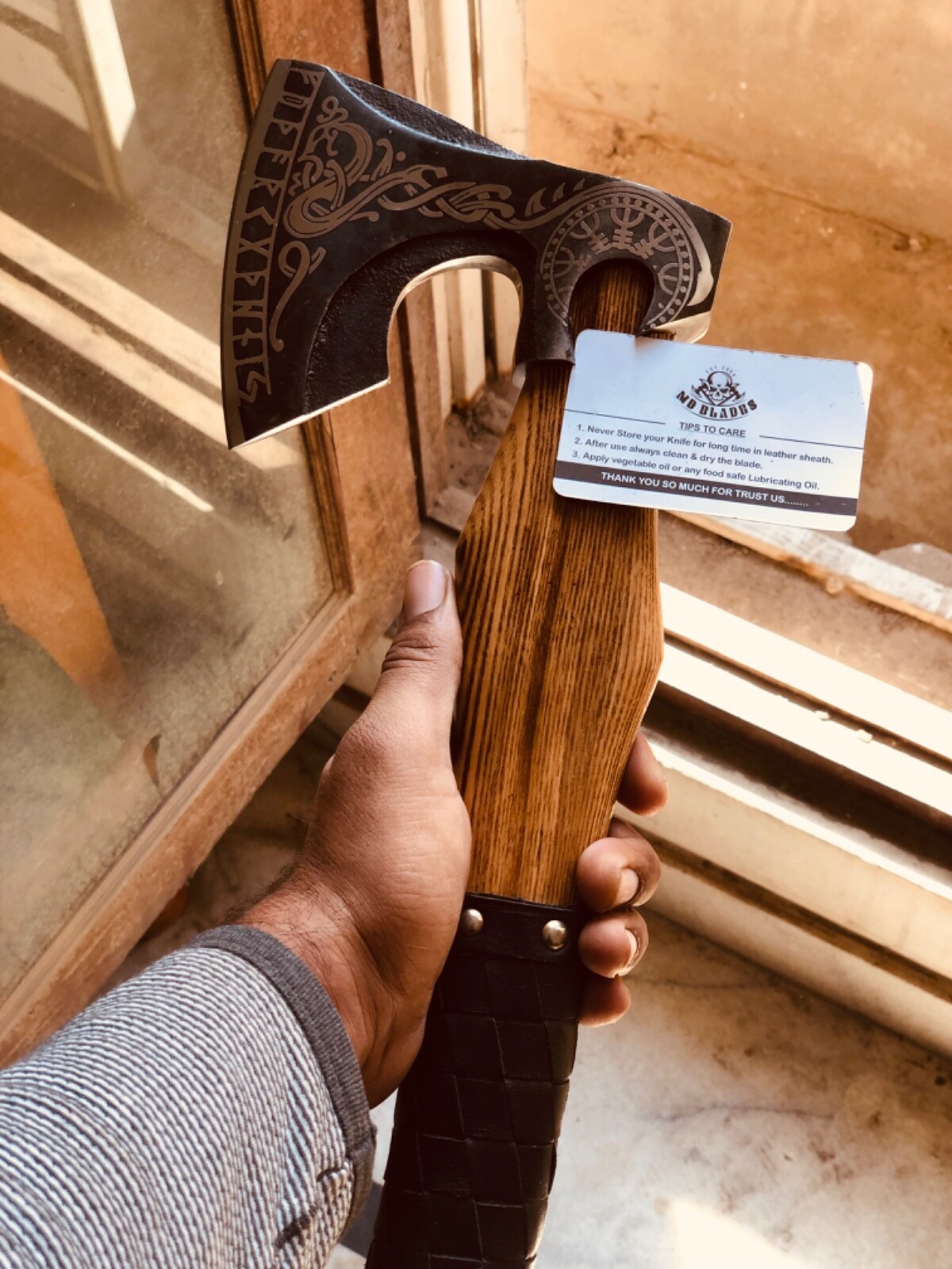 Handmade Hatchet with Engraved Carbon Steel Head | Norse Battle Axe | viking Axe