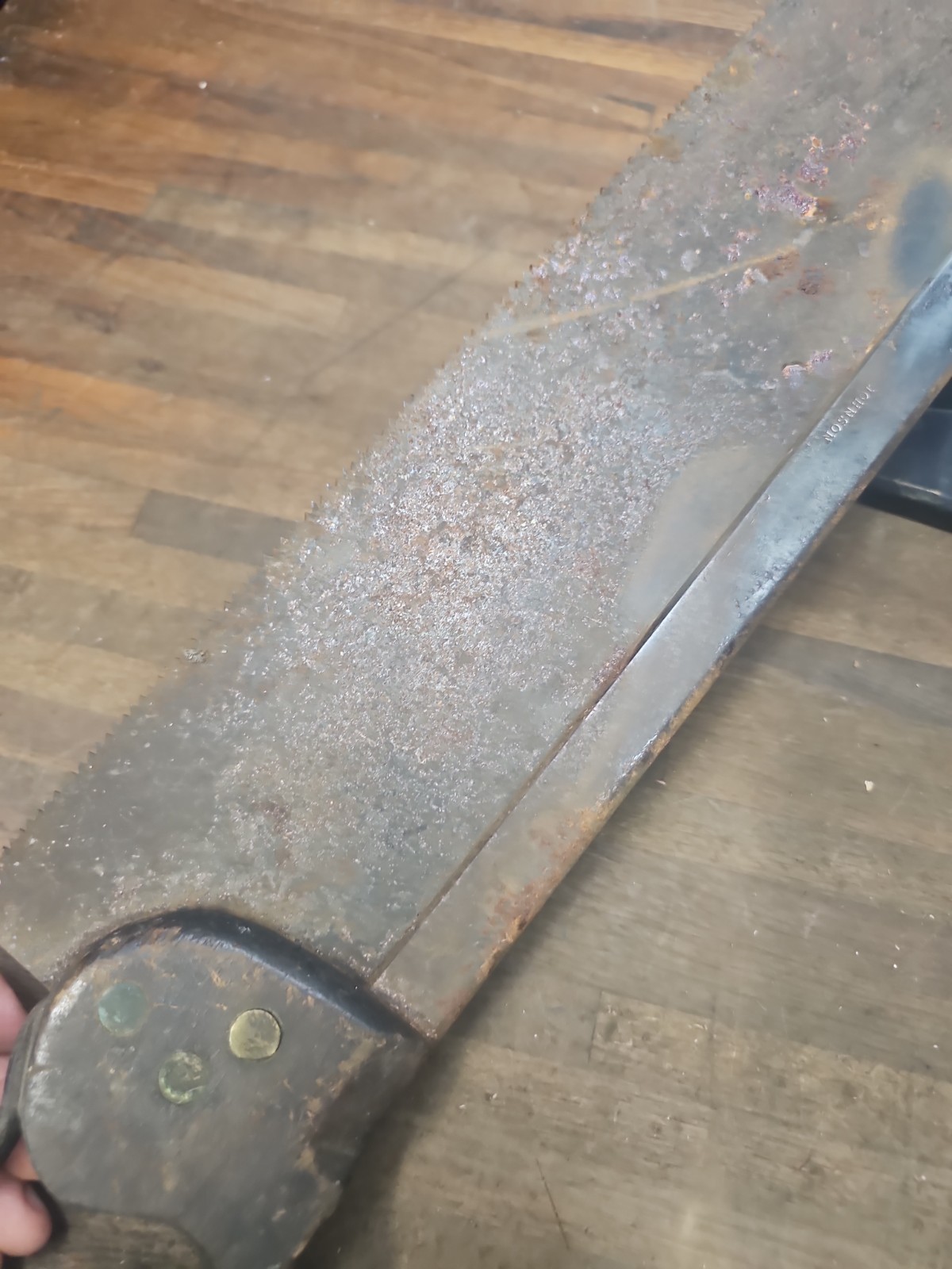 G72- Antique 18″ back saw split nut marked JOHNSON Cast Steel for RESTORE