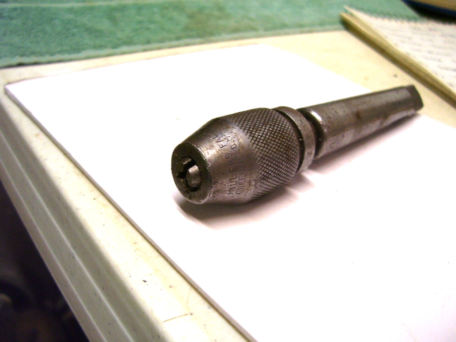 Vtg Millers Falls small drill brace chuck USA, on Union Twist Morse taper shaft