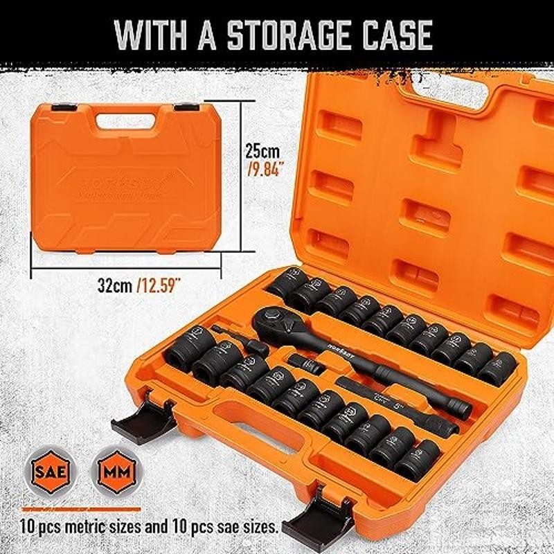 24pc 1/2″ Drive Impact Socket Set SAE/Metric Cr-V 6-Point W/ Ratchet Handle New