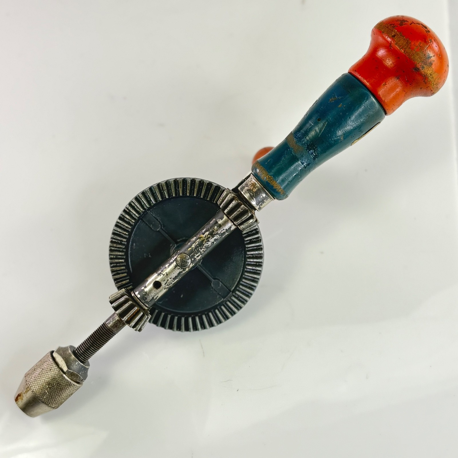 Vintage Bevel Gear Hand Drill Morse Taper Chuck Red Blue Handle 10″