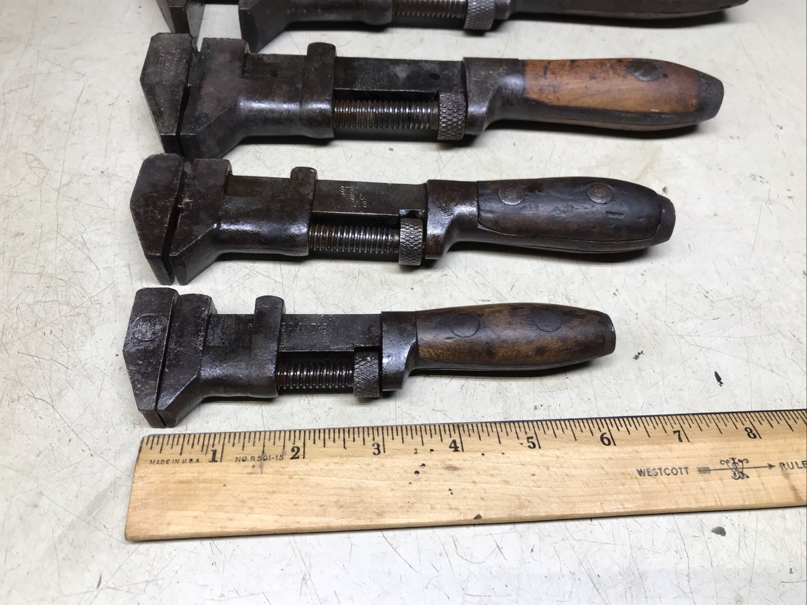 Antique Lot of 4 Monkey Wrench Lot 6.5, 8, 10, And 12”, The 2 Large Are Coes