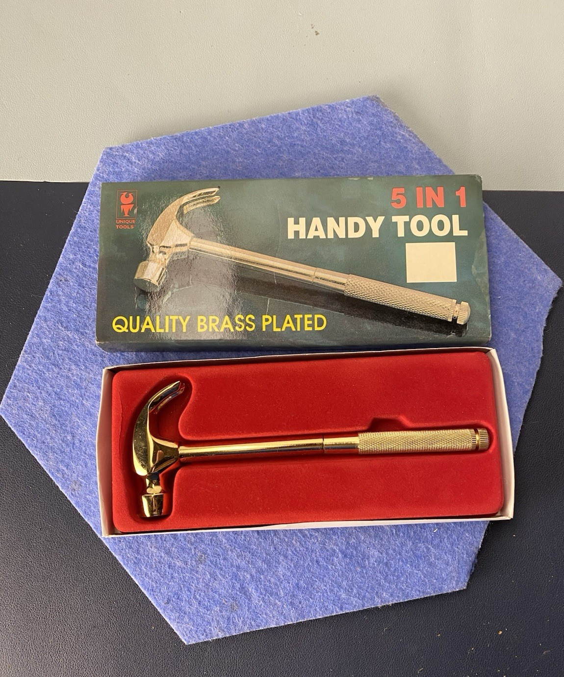 Vintage 5-in-1 Handy Tool Brass Plated Hammer & Nesting Screwdriver Set – In Box