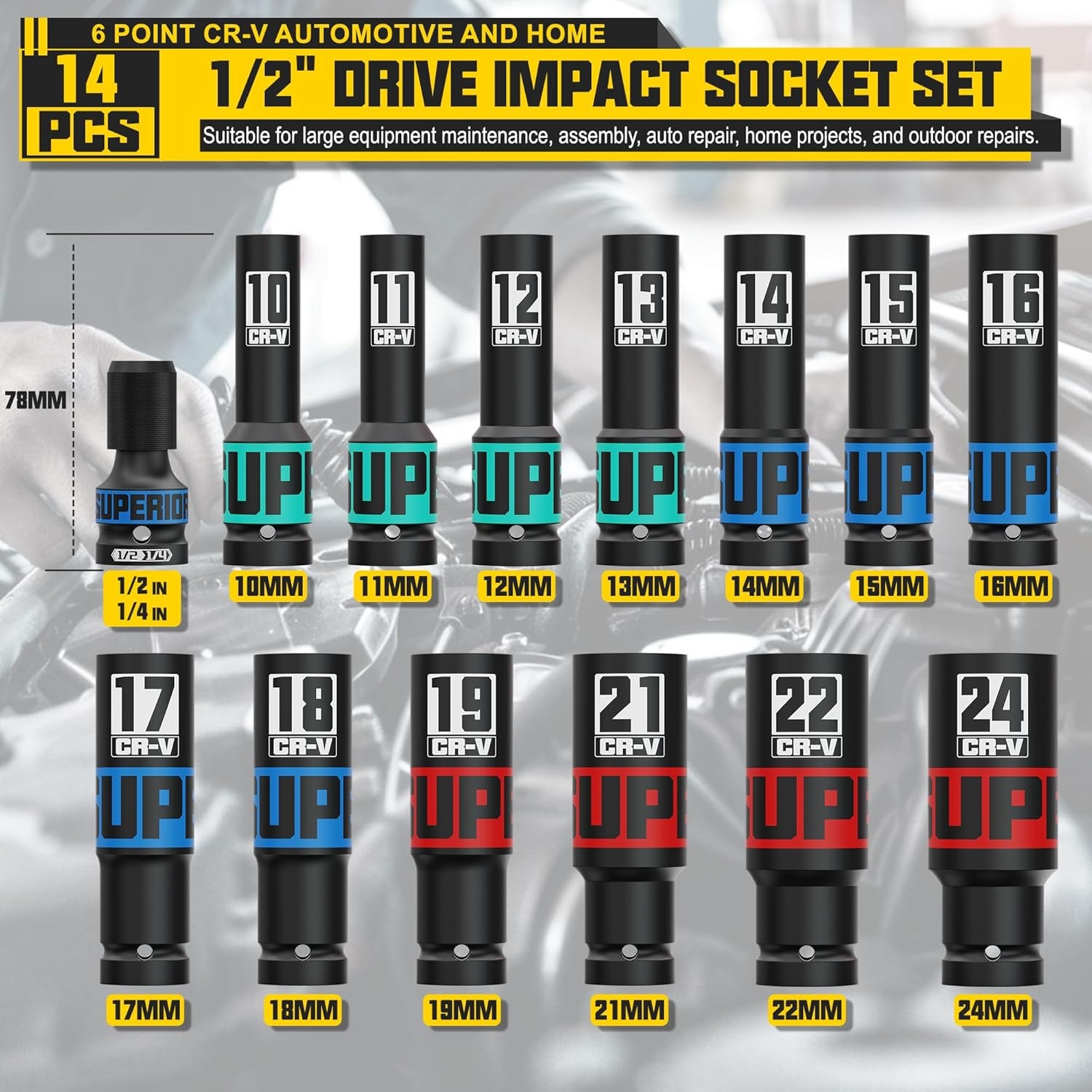 14-Piece 1/2″ Drive Impact Socket Set, 10-24mm Thicker Deep Sockets with Storage