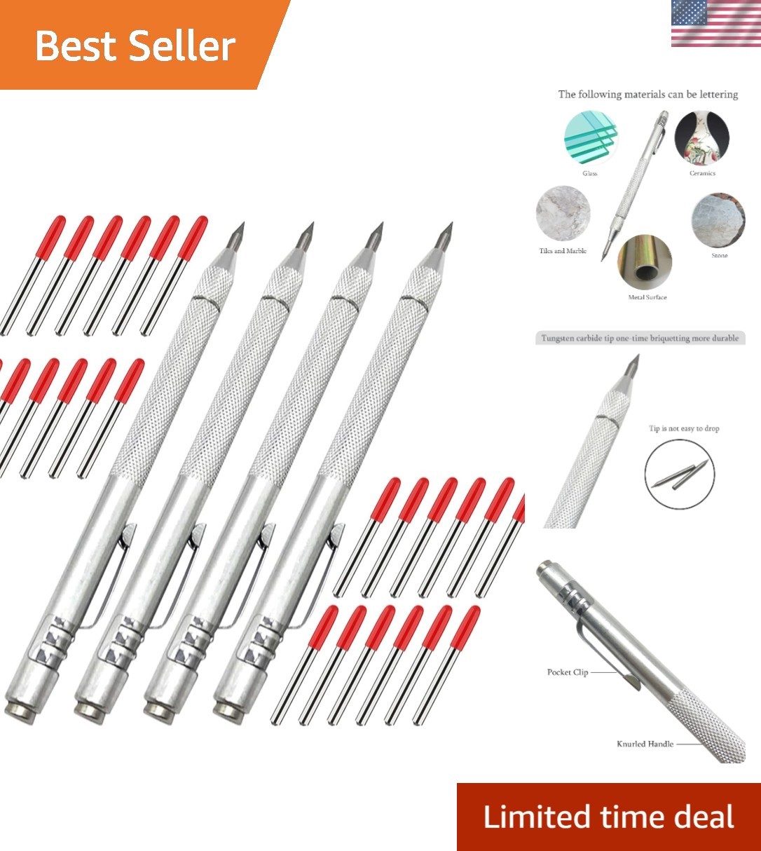 4 Pack Tungsten Carbide Scribe Tool Set with Magnetic Closure & Replacement Tips
