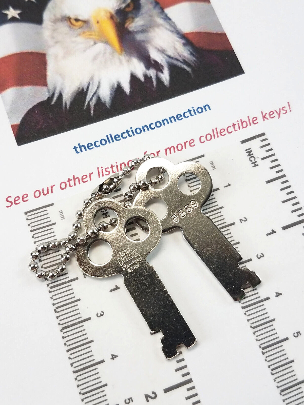 2 Original EXCELSIOR Flat Key 5989 Antique Trunk Chest Vtg Footlocker Locks