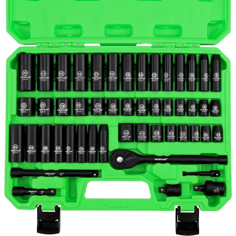 3/8″ Drive 50-Piece Impact Socket Set SAE Standard 5/16″ to 3/4″ and Metric 8mm