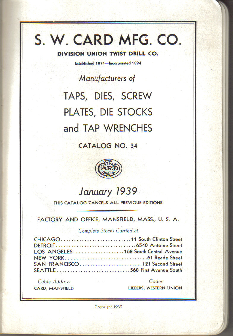 ORIGINAL 1939 S.W. CARD MFG Taps Dies Screws Plates, Catalog