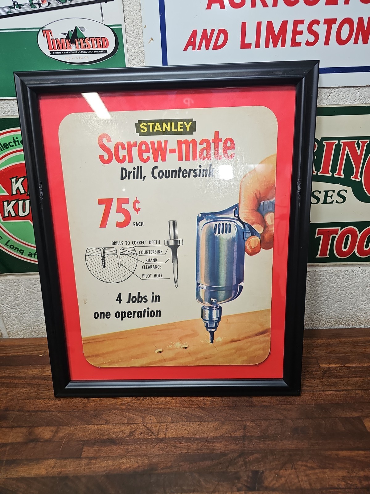 A88- Rare vintage STANLEY Screw-Mate Countersink framed 14 x 11″ cardboard sign