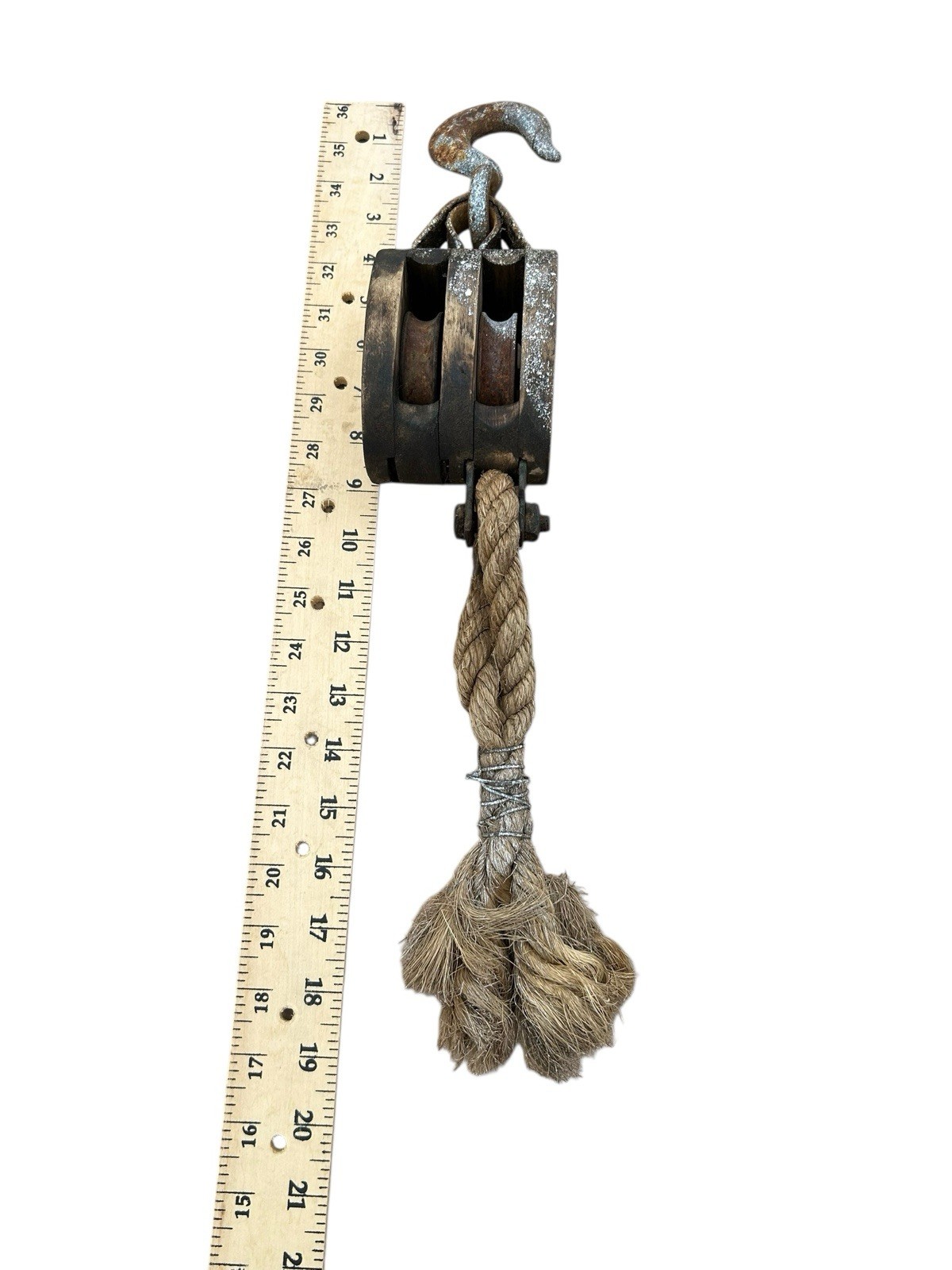 Vintage U•W 4- PB Upson Walton Wood/Steel Block & Tackle Double Pulley Hook Rope