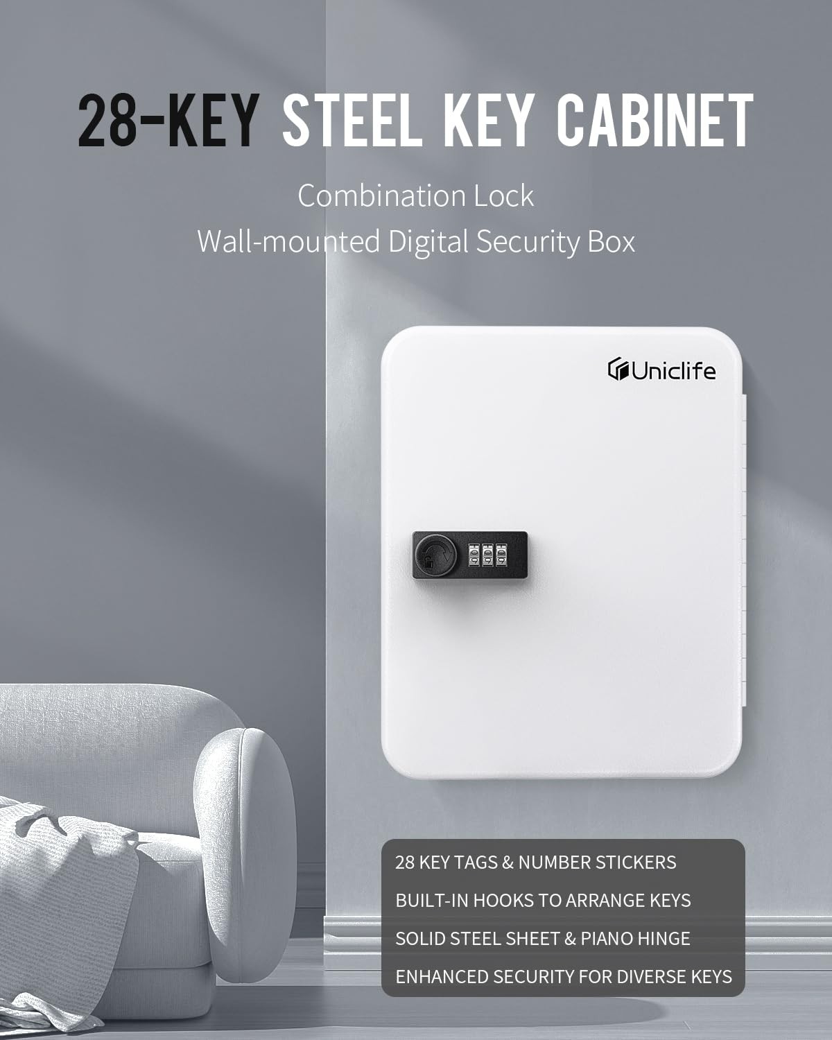 Uniclife 28-Key Steel Key Cabinet with Combination Lock Wall 28 Keys, White